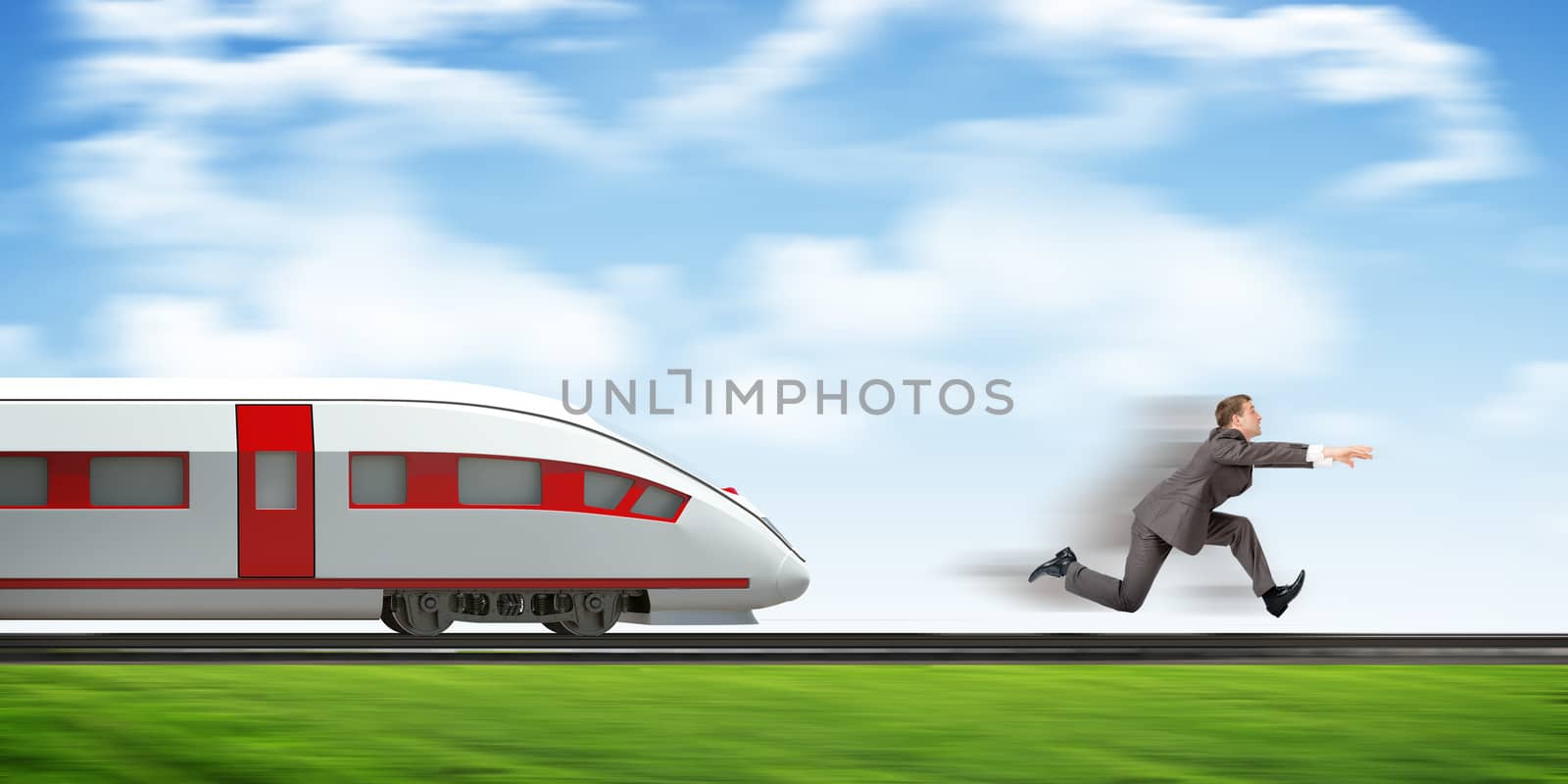 Businessman running away from train by cherezoff