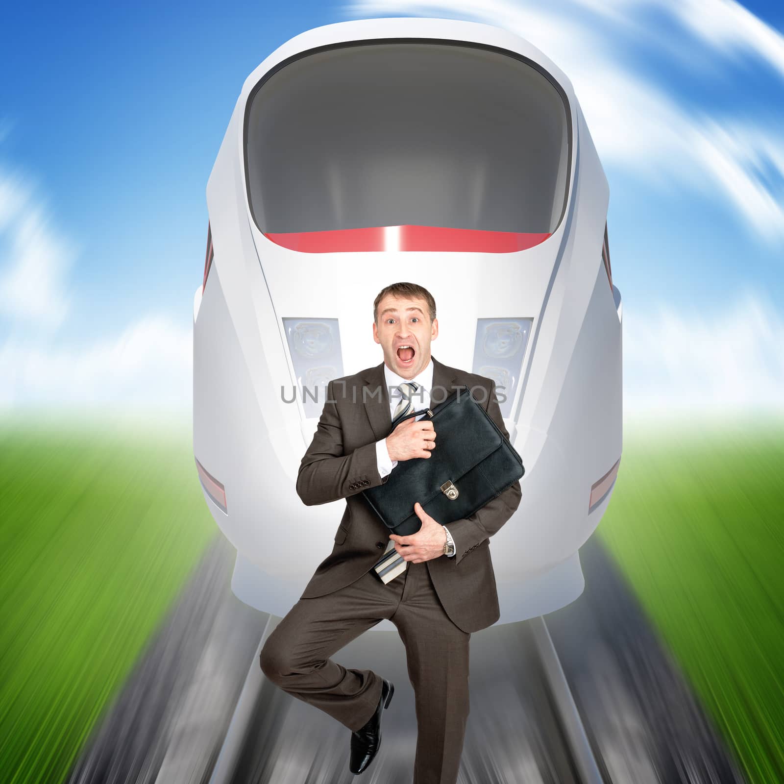 Businessman with suitcase running away from train