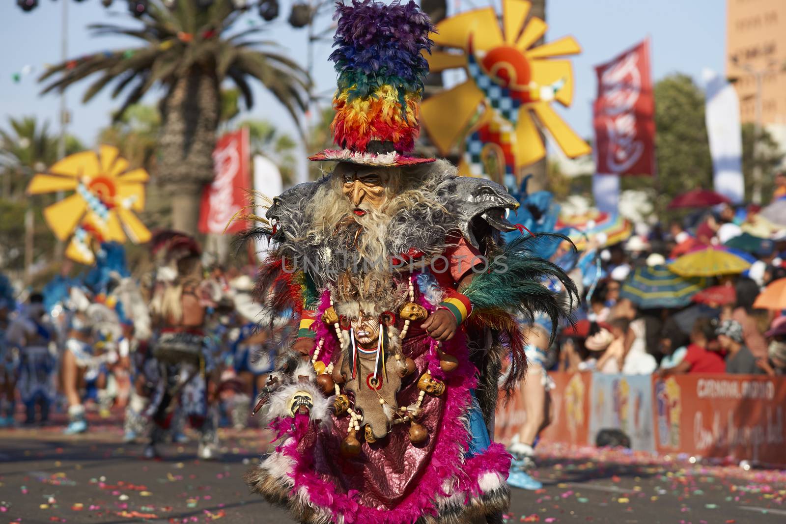 Tobas dancer in traditional Andean costume performing at the annual Carnaval Andino con la Fuerza del Sol in Arica, Chile.