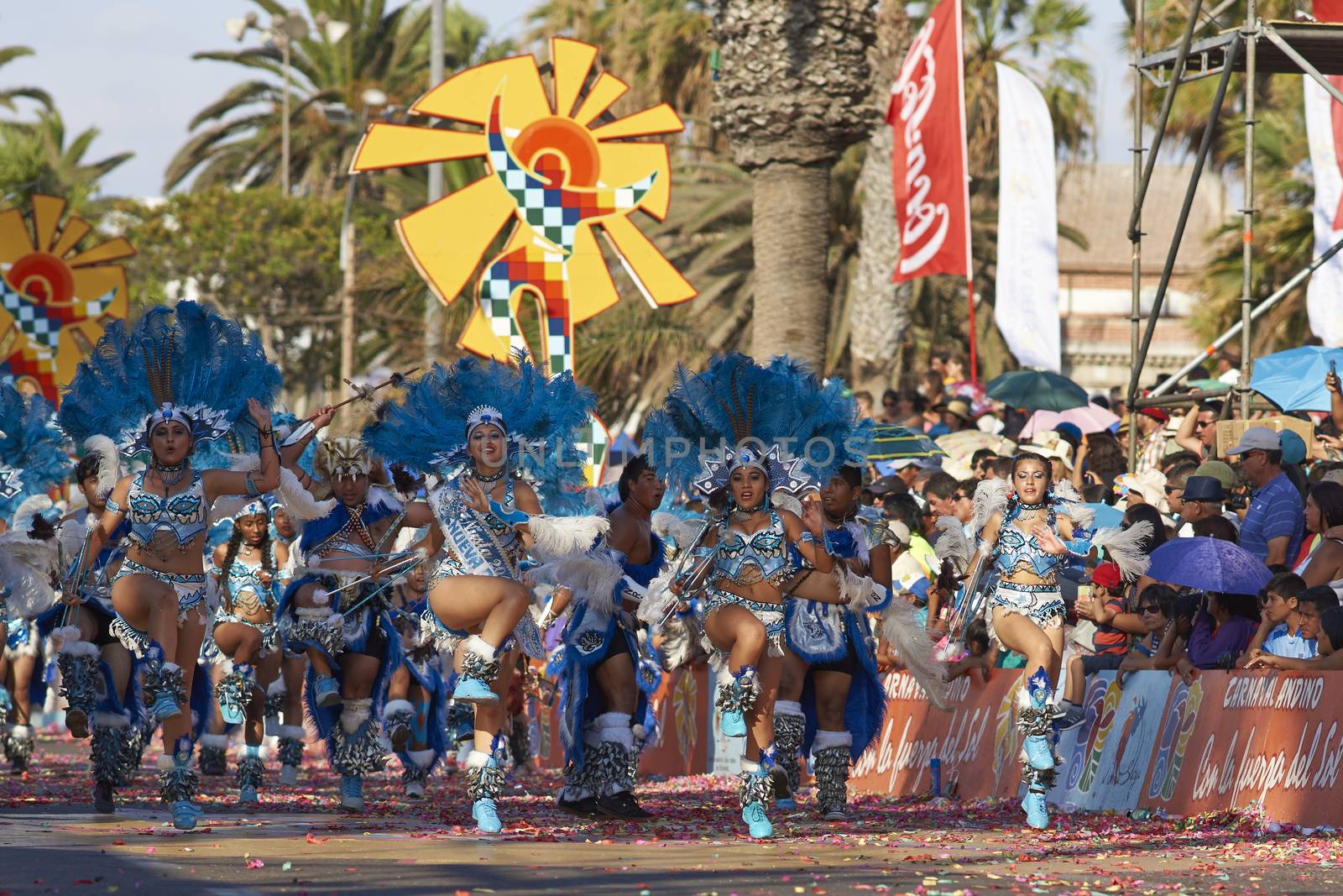 Tobas dancers in traditional Andean costumes performing at the annual Carnaval Andino con la Fuerza del Sol in Arica, Chile.
