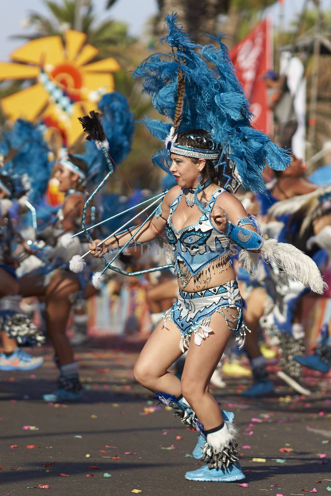 Tobas dancer in traditional Andean costume performing at the annual Carnaval Andino con la Fuerza del Sol in Arica, Chile.