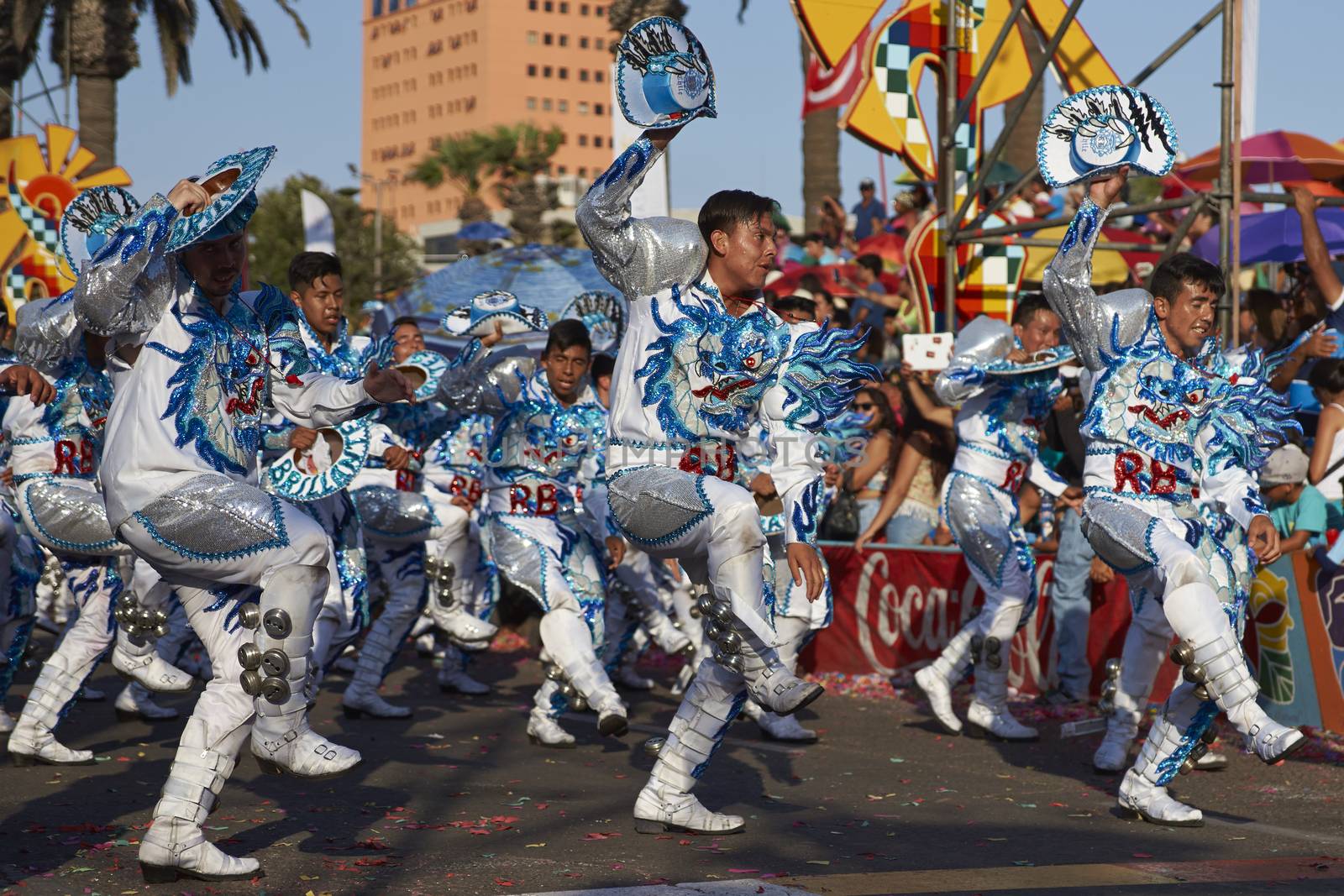 Caporales dancers in traditional Andean costume performing at the annual Carnaval Andino con la Fuerza del Sol in Arica, Chile.