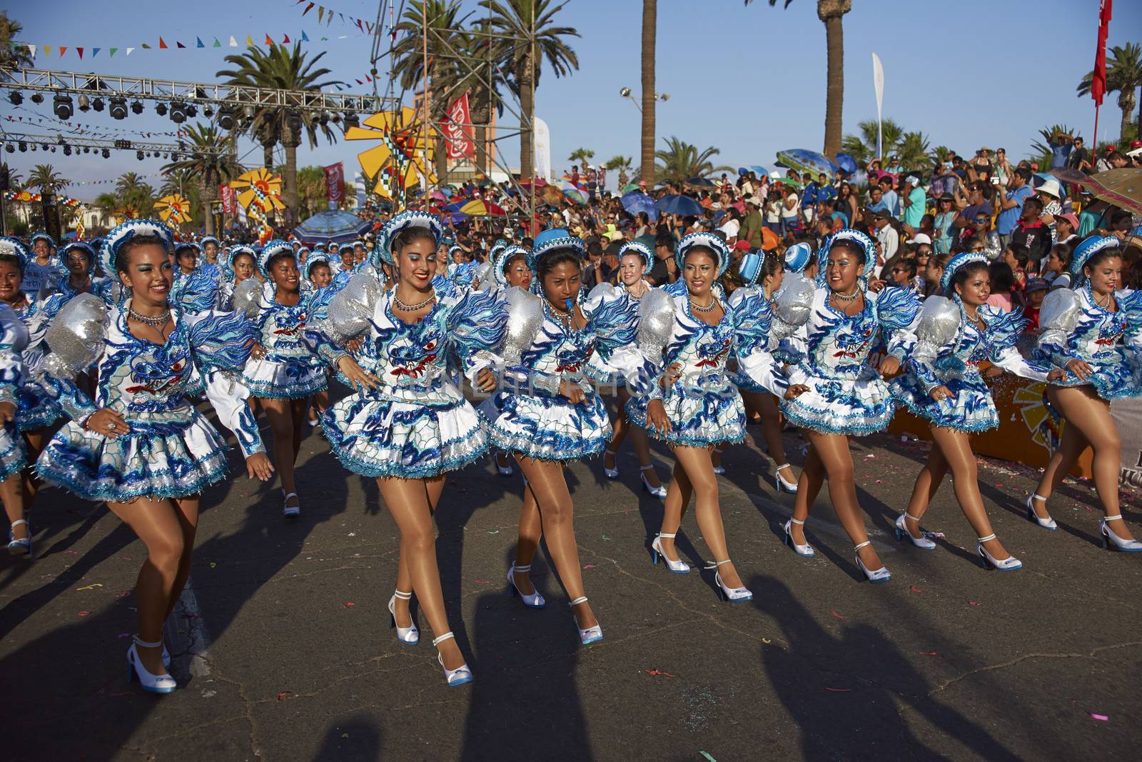 Caporales dancers in traditional Andean costume performing at the annual Carnaval Andino con la Fuerza del Sol in Arica, Chile.