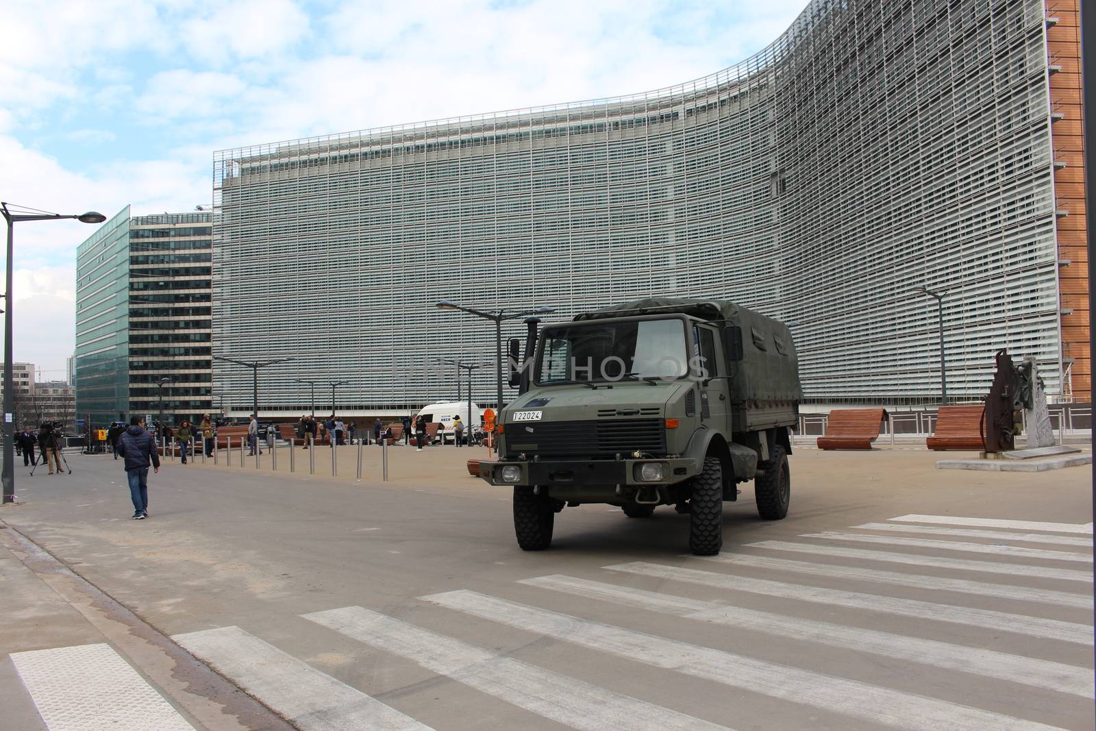 BELGIUM, Brussels: With Brussels, Belgium on high alert, a heavily armored vehicle stands guard following the deadly attacks at Maelbeek metro station and Zaventem airport on March 22, 2016. The attacks, at least one of which was carried out by a suicide bomber, left at least 30 dead, and scores more injured.