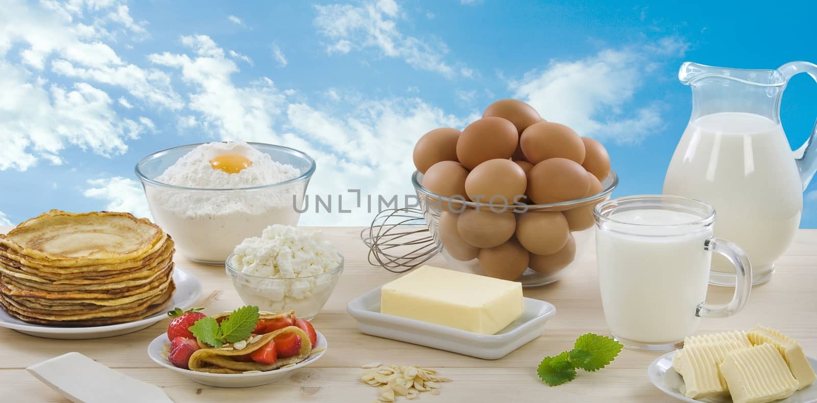 Dairy products and ingredients to make pancakes