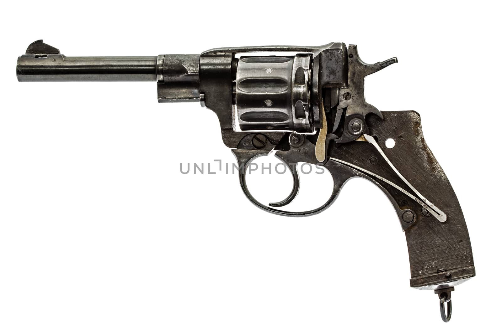 Disassembled revolver, pistol mechanism, isolated on white backg by kostiuchenko