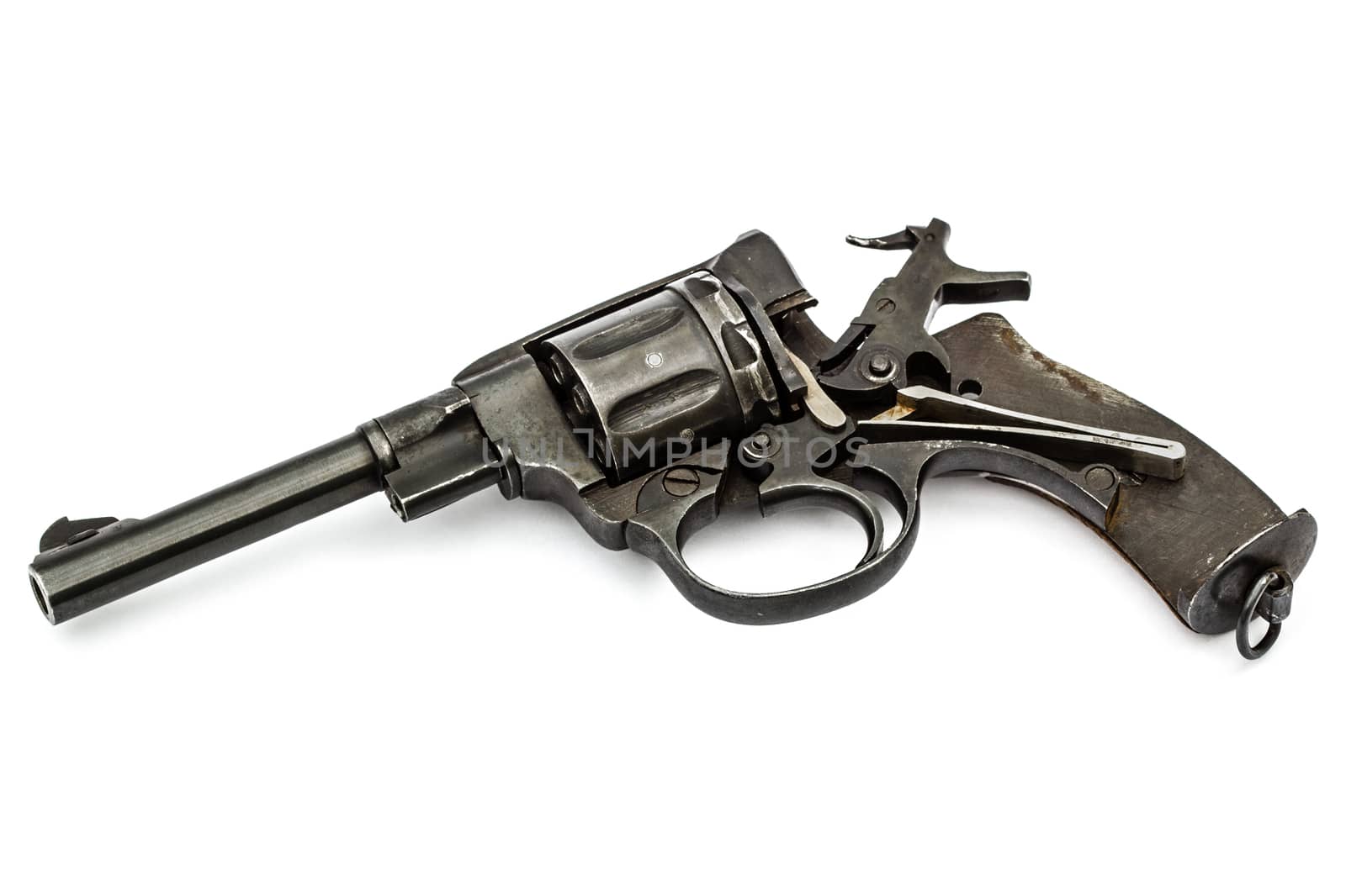 Disassembled revolver, pistol mechanism with the hammer cocked, isolated on white background
