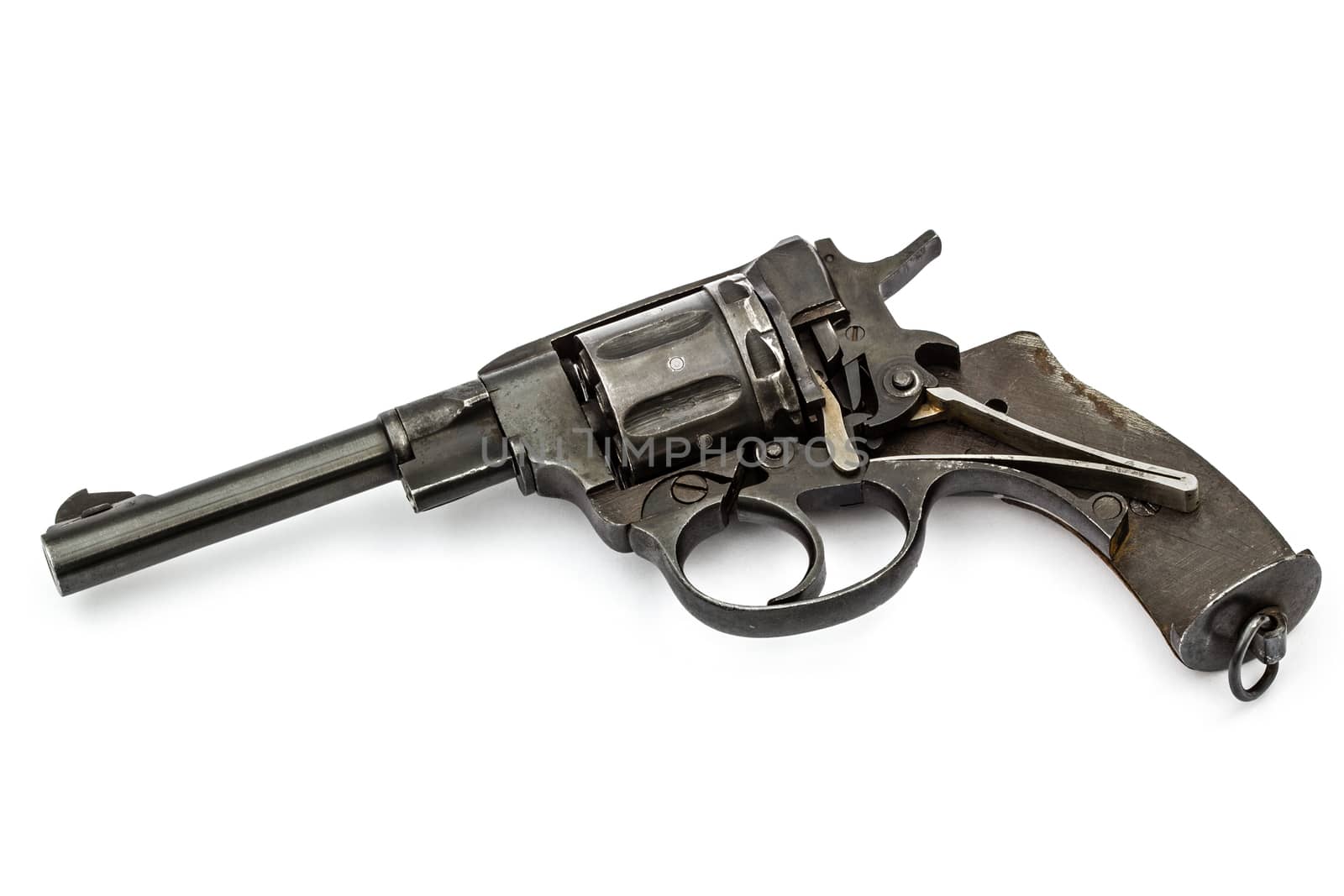 Disassembled revolver, pistol mechanism, isolated on white background