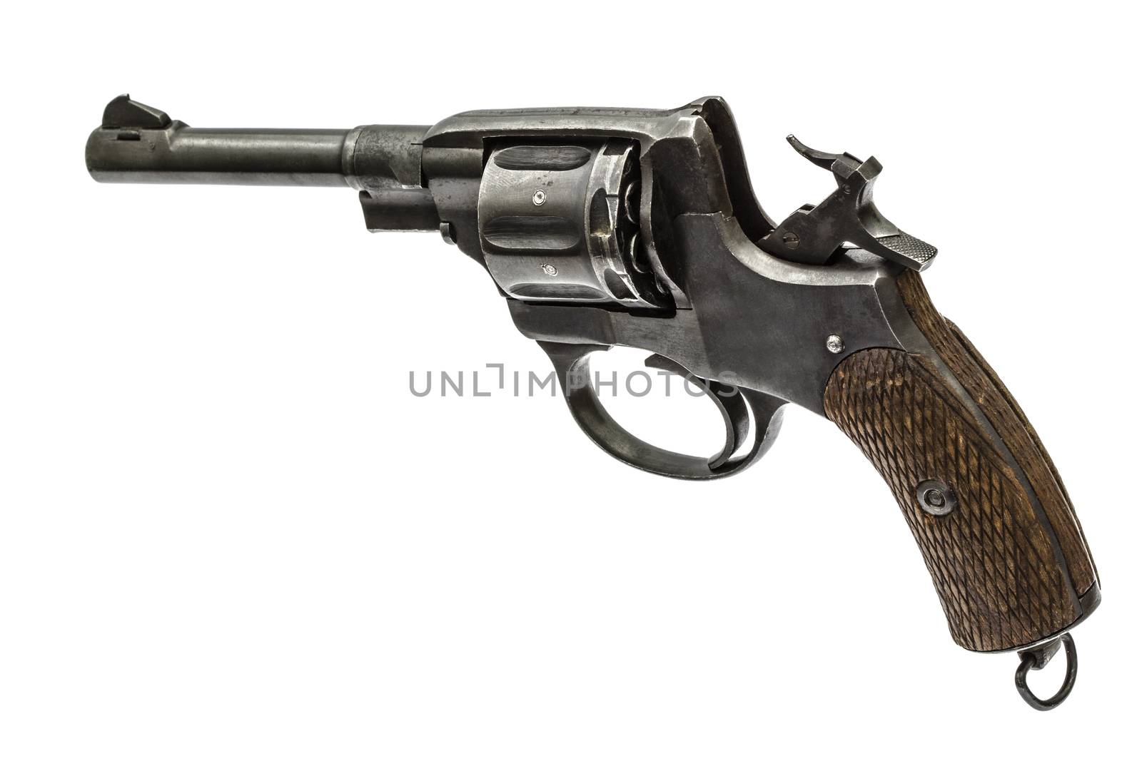 Old pistol with the hammer cocked, isolated on white background