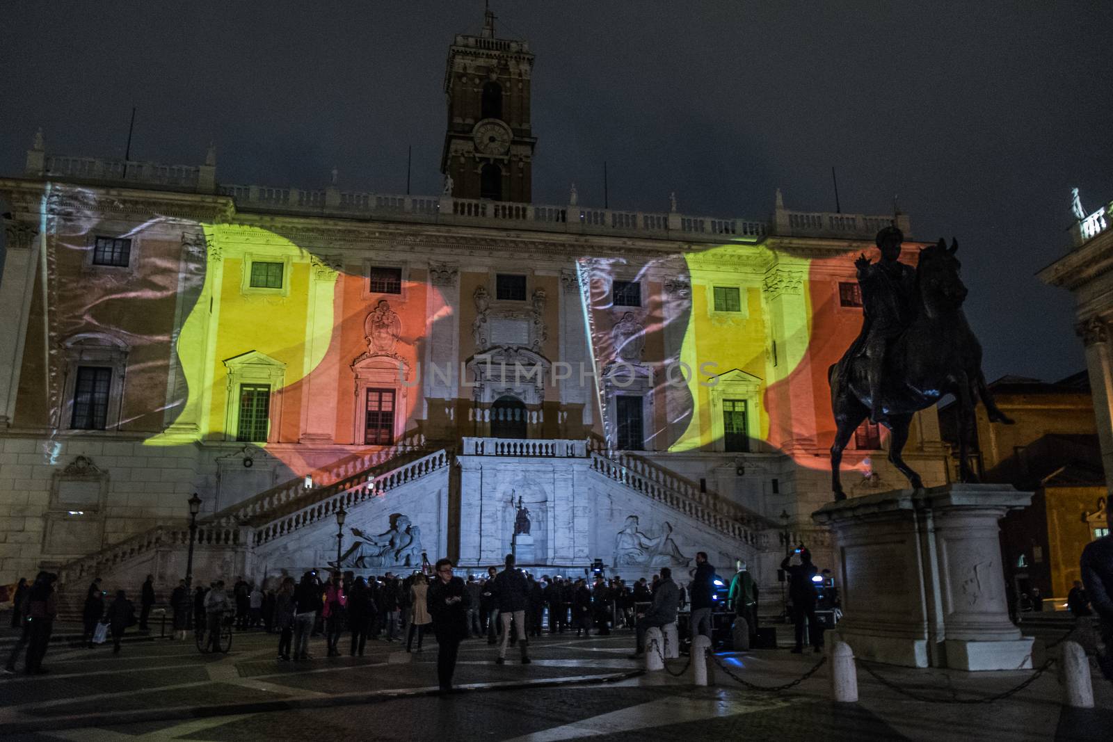 ITALY, Rome: The Belgian flag is projected on Capitoline Hill as a tribute in Rome, Italy following the terror attacks that left at least 30 people dead and hundreds injured in Brussels, Belgium on March 22, 2016. The Islamic State terror group has taken responsibility for the attacks, which brought death and destruction on Zaventem airport and Maelbeek metro station.