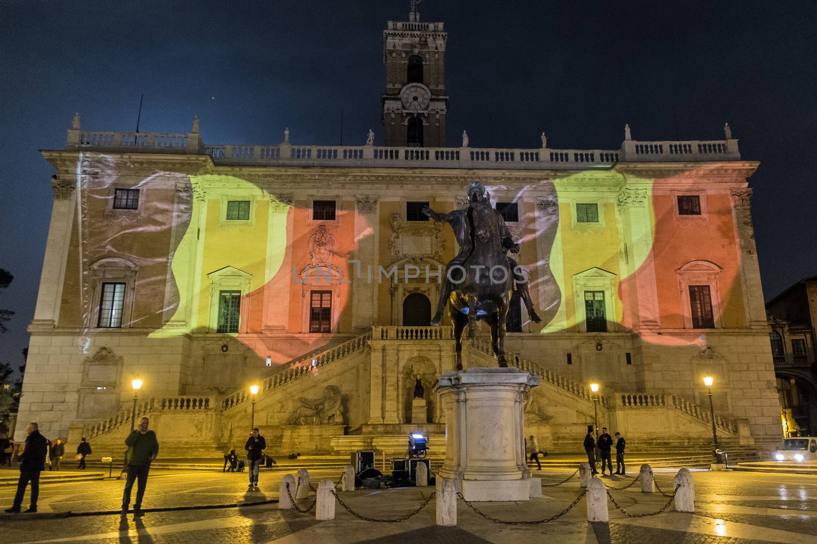 ITALY, Rome: The Belgian flag is projected on Capitoline Hill as a tribute in Rome, Italy following the terror attacks that left at least 30 people dead and hundreds injured in Brussels, Belgium on March 22, 2016. The Islamic State terror group has taken responsibility for the attacks, which brought death and destruction on Zaventem airport and Maelbeek metro station.