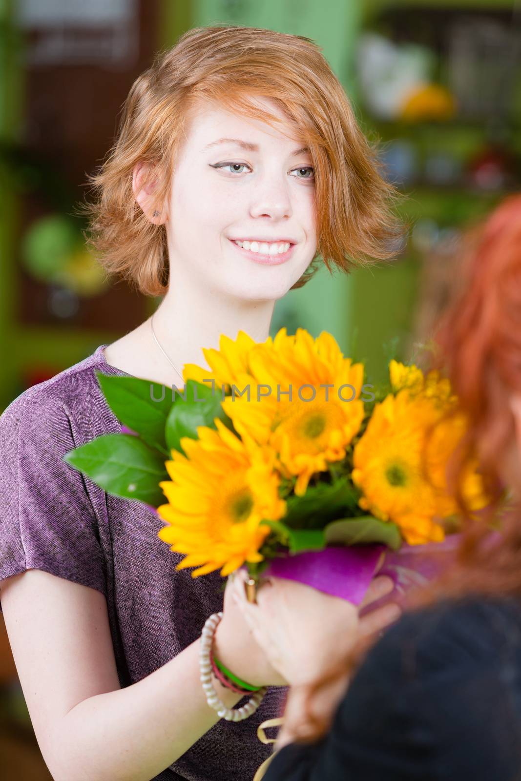 Girl in Flower Shop Purchases Sunflowers by Creatista