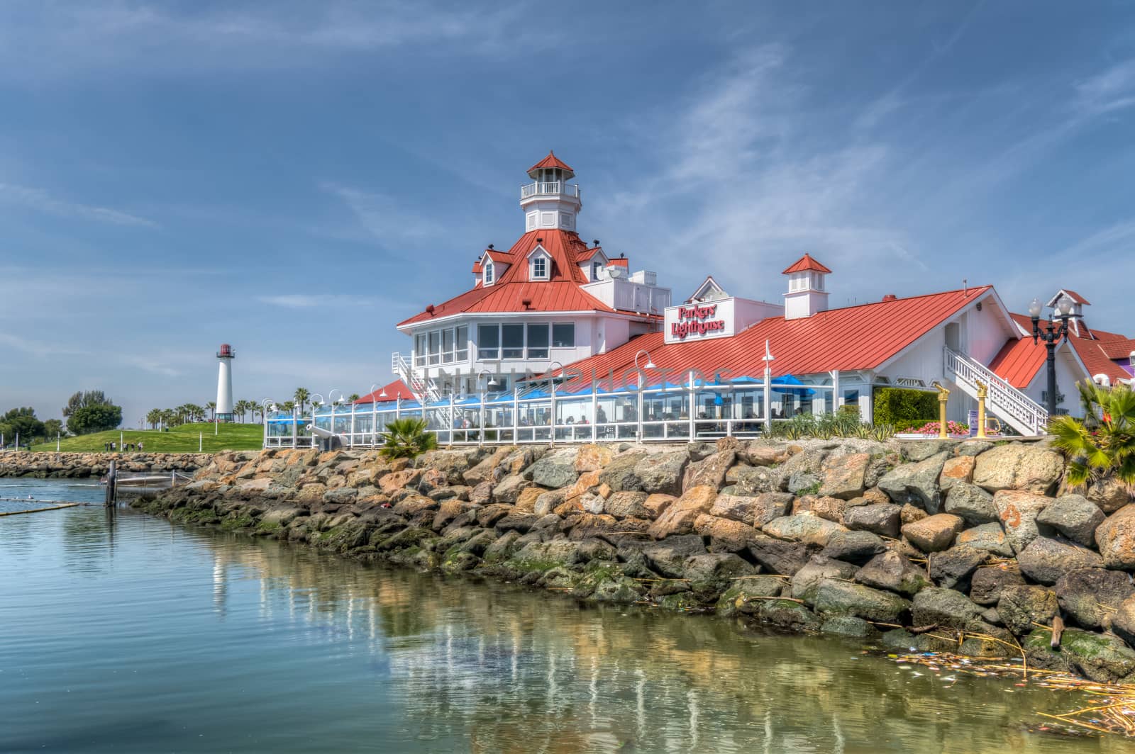 LONG BEACH, CA/USA - MARCH 19, 2016: Parker's Lighthouse restaurant exterior and logo. Parker's Lighthouse is a landmark seafood restaurant in southern California.