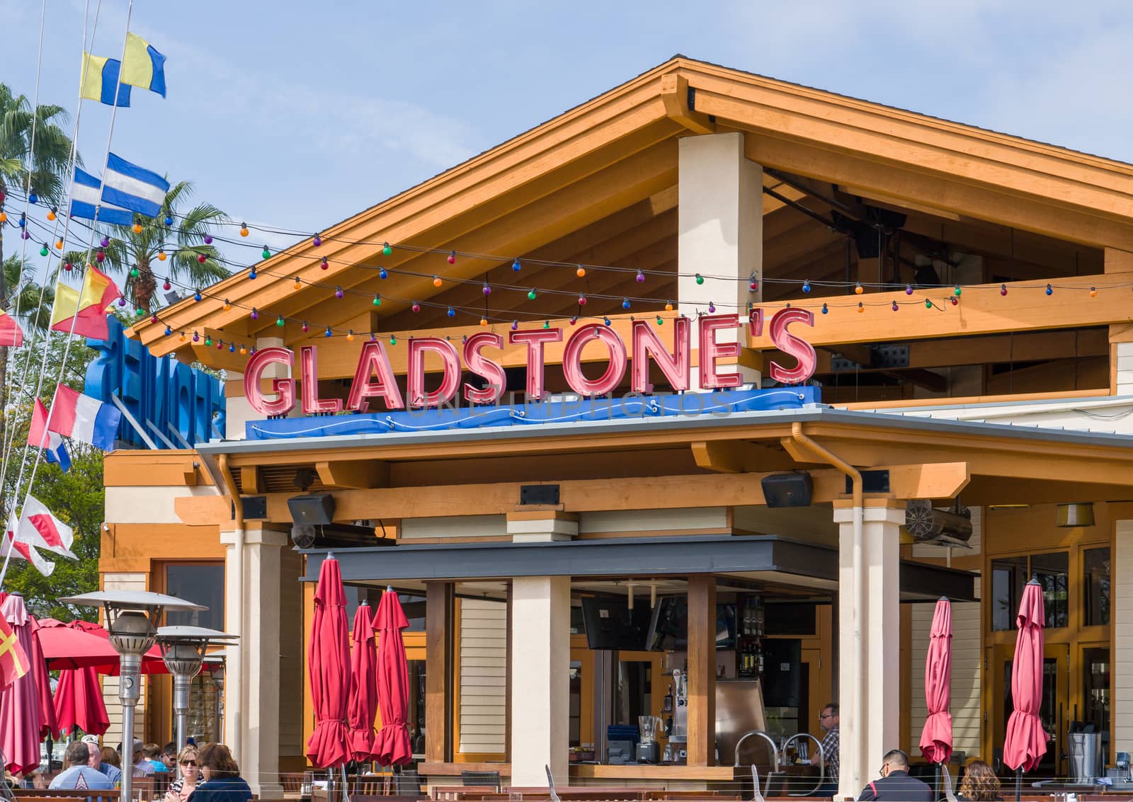 LONG BEACH, CA/USA - MARCH 19, 2016: Gladstone's restauraunt exterior and sign. Gladstone's is an open air restaurant at the Long Beach Harbor.