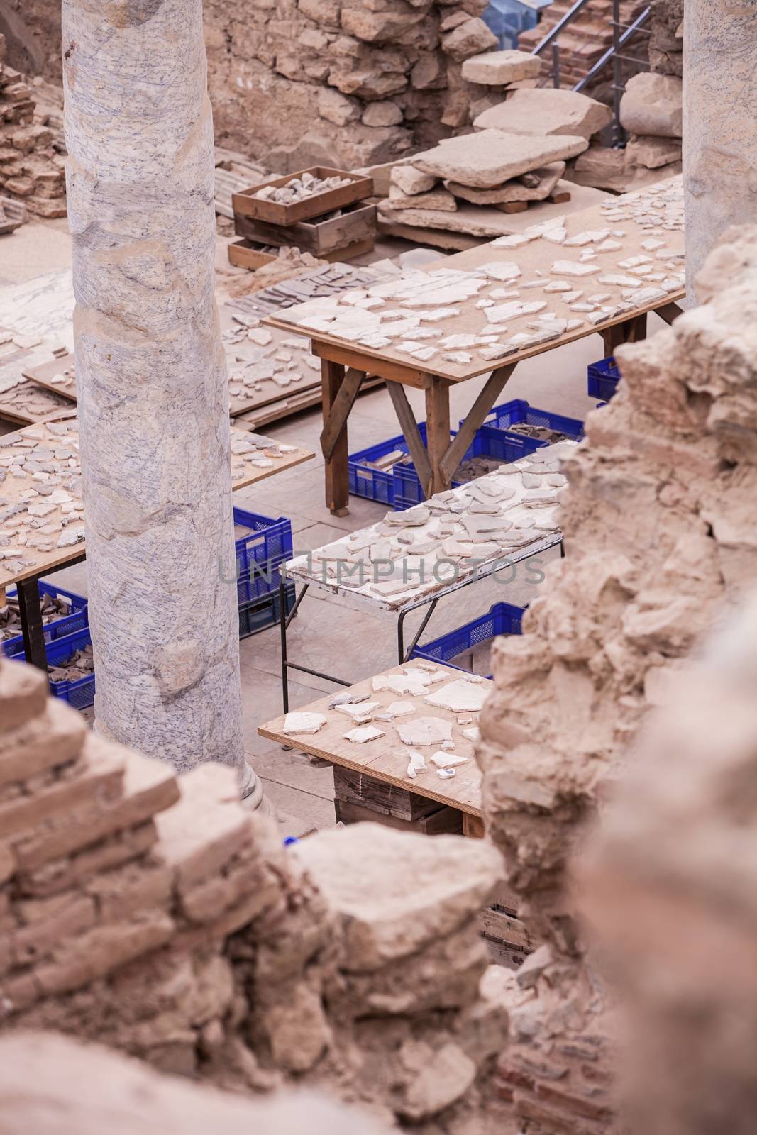 Tables with ceramic shards at archeological site in Turkey