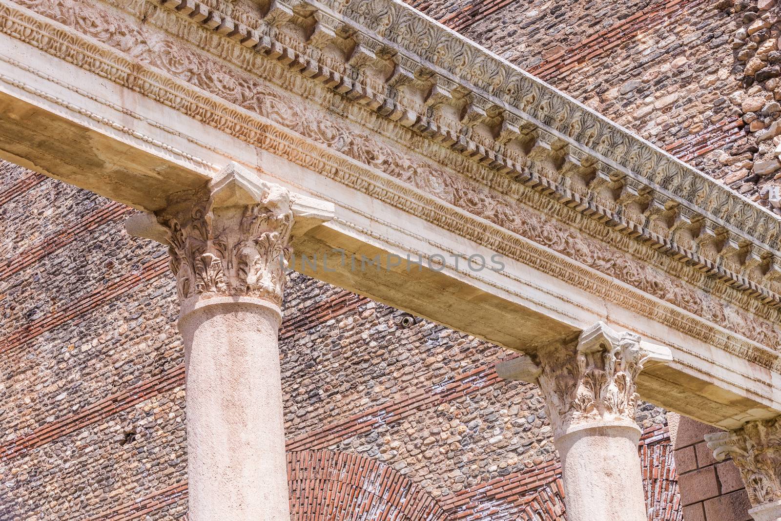 Two Corinthian columns and header at the gymnasium in Sardis Turkey