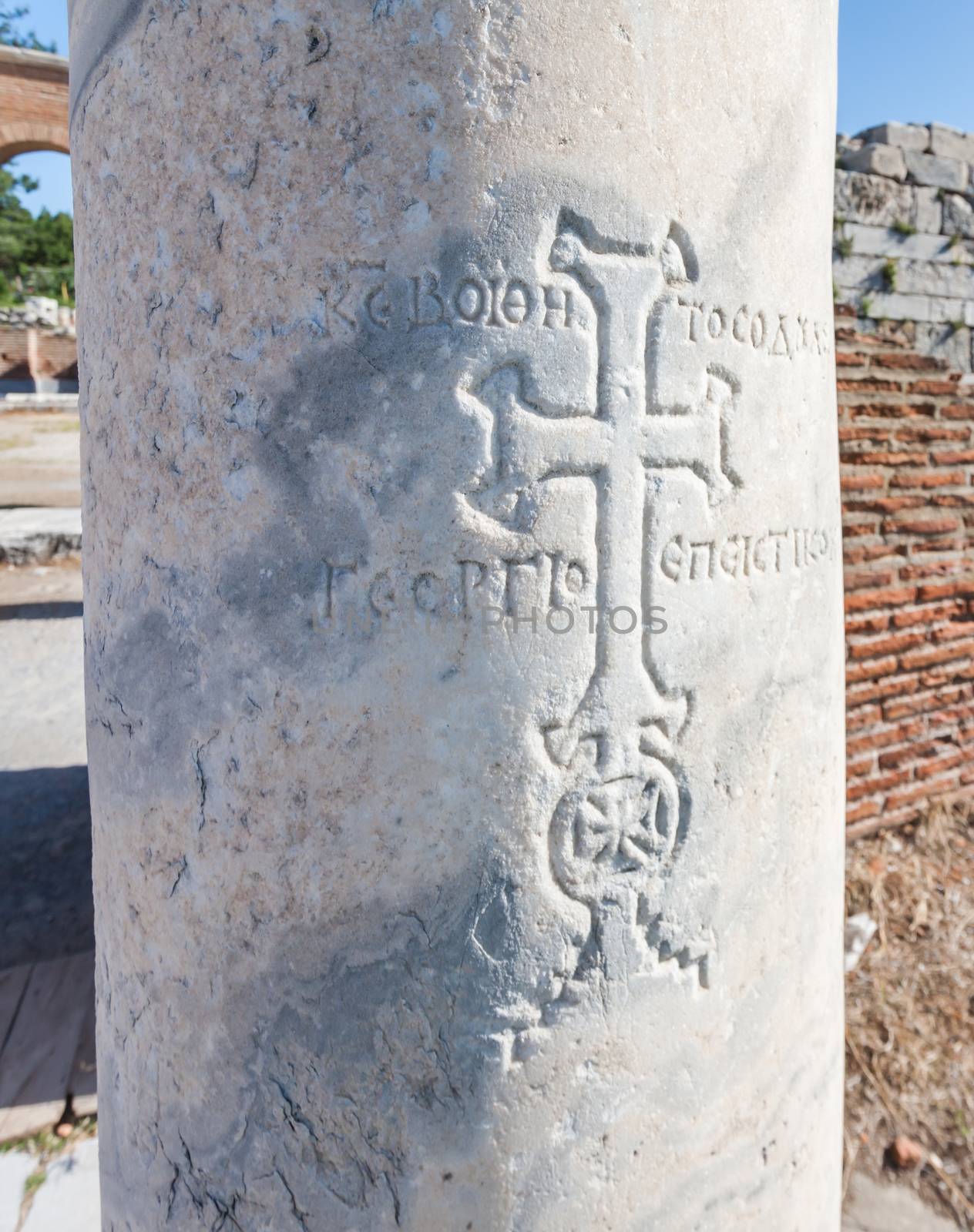 Christian cross carved into column at ancient Selcuk in Turkey