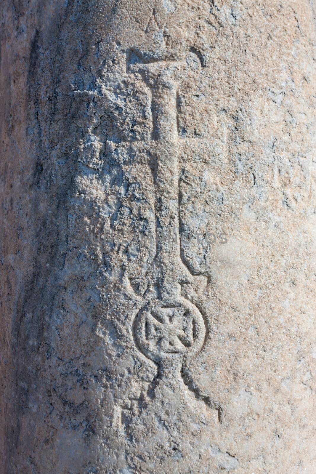 Greek style Christian cross carved into a column at Selcuk in Turkey