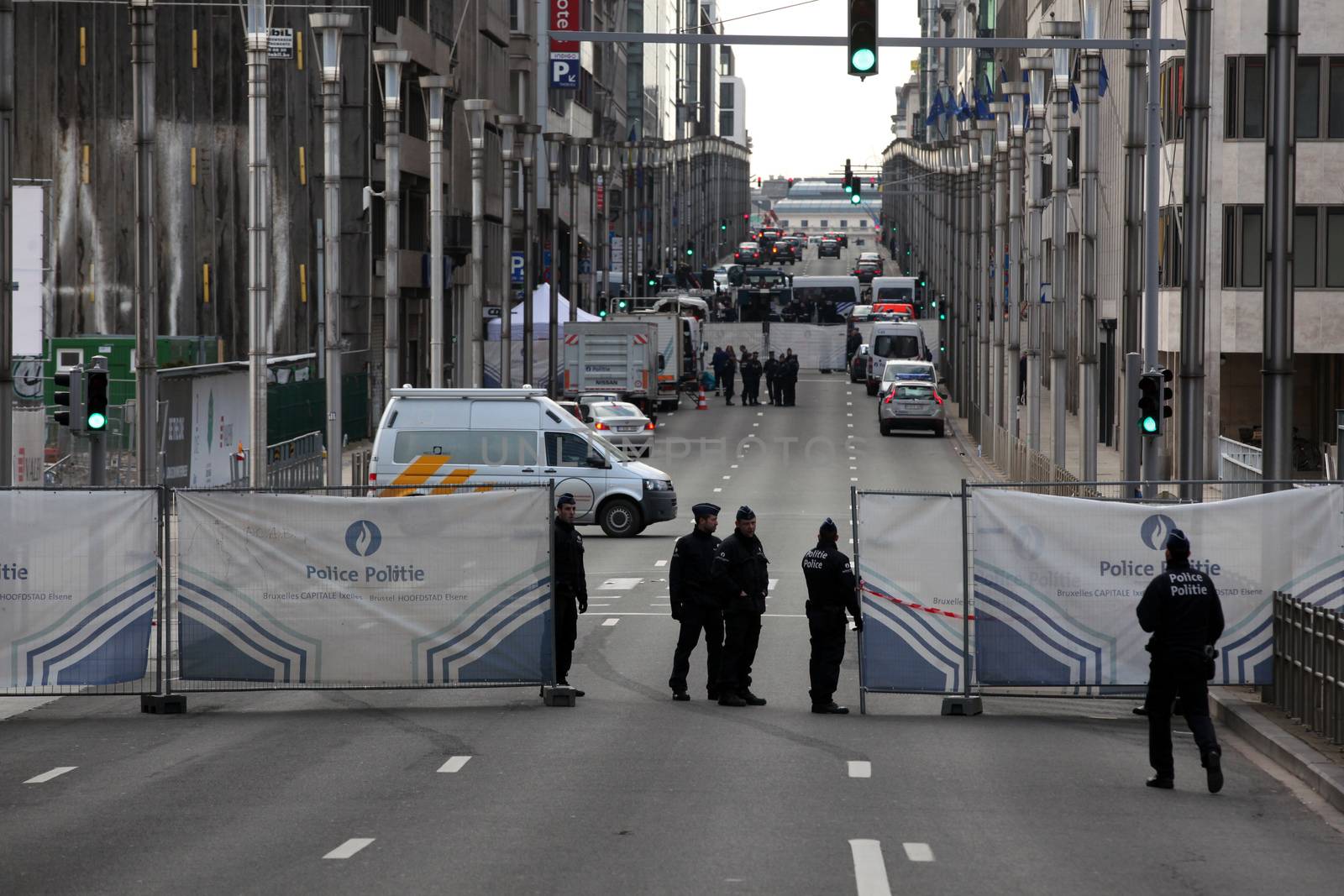 BELGIUM, Brussels: Police officers are pictured in the area of the explosion at the Maelbeek - Maalbeek subway station in Brussels, on March 22, 2016. In the morning two bombs exploded at the departure hall of Brussels Airport and another one at the Maelbeek - Maalbeek subway station, which killed around 30 people.