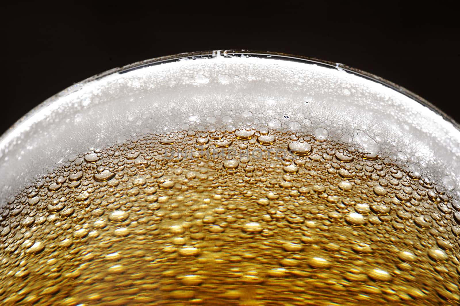 close up of bubbles on beer foam in glass