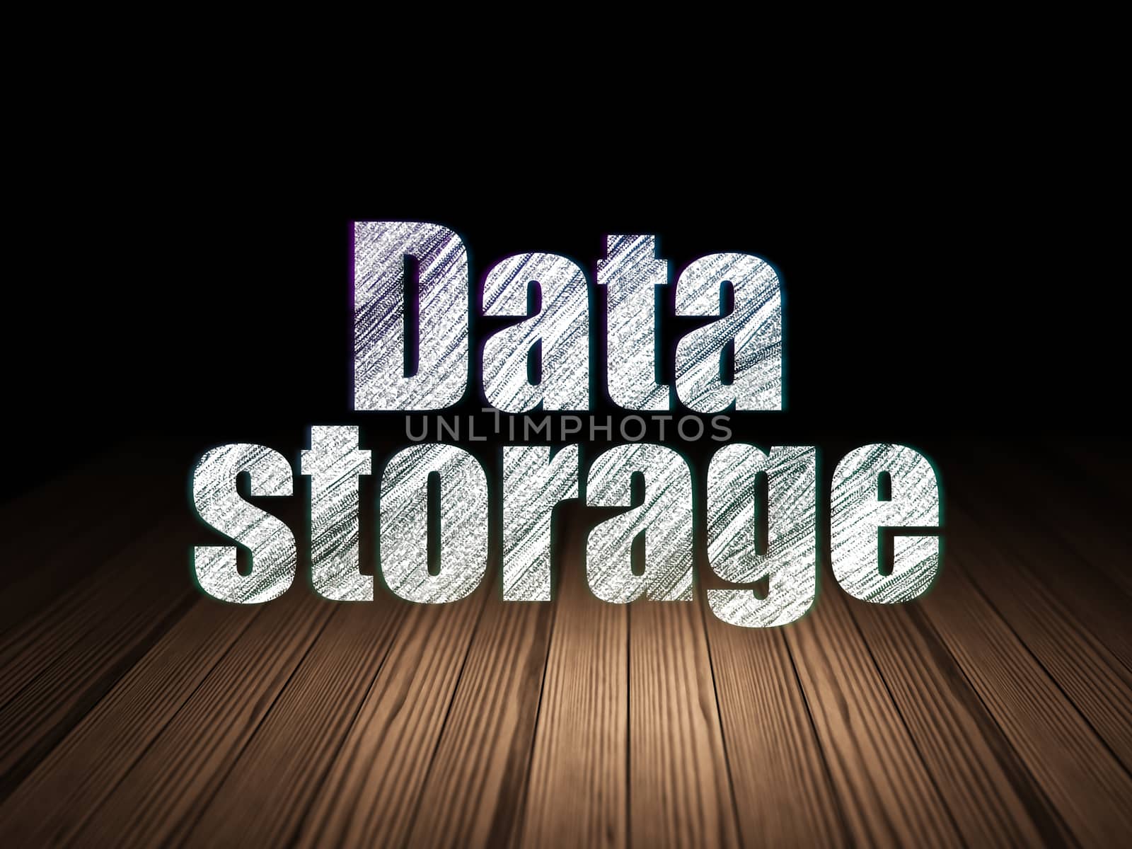 Information concept: Glowing text Data Storage in grunge dark room with Wooden Floor, black background