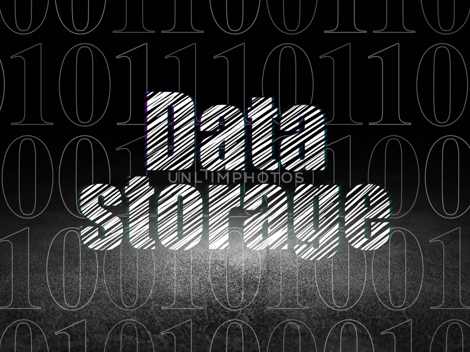 Information concept: Glowing text Data Storage in grunge dark room with Dirty Floor, black background with  Binary Code