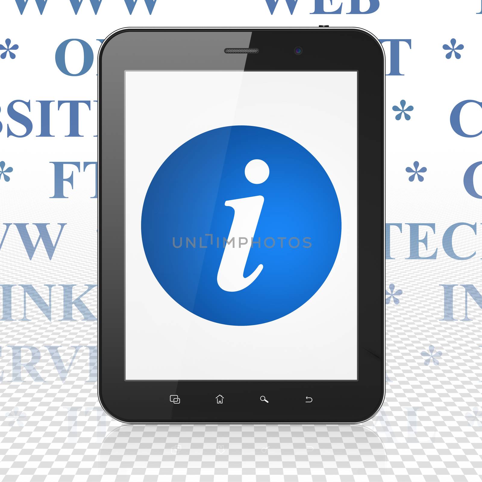 Web development concept: Tablet Computer with  blue Information icon on display,  Tag Cloud background
