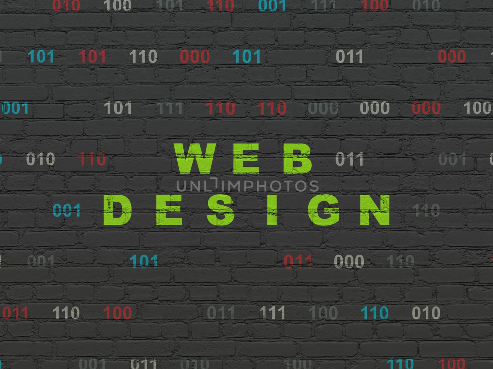 Web development concept: Painted green text Web Design on Black Brick wall background with Binary Code