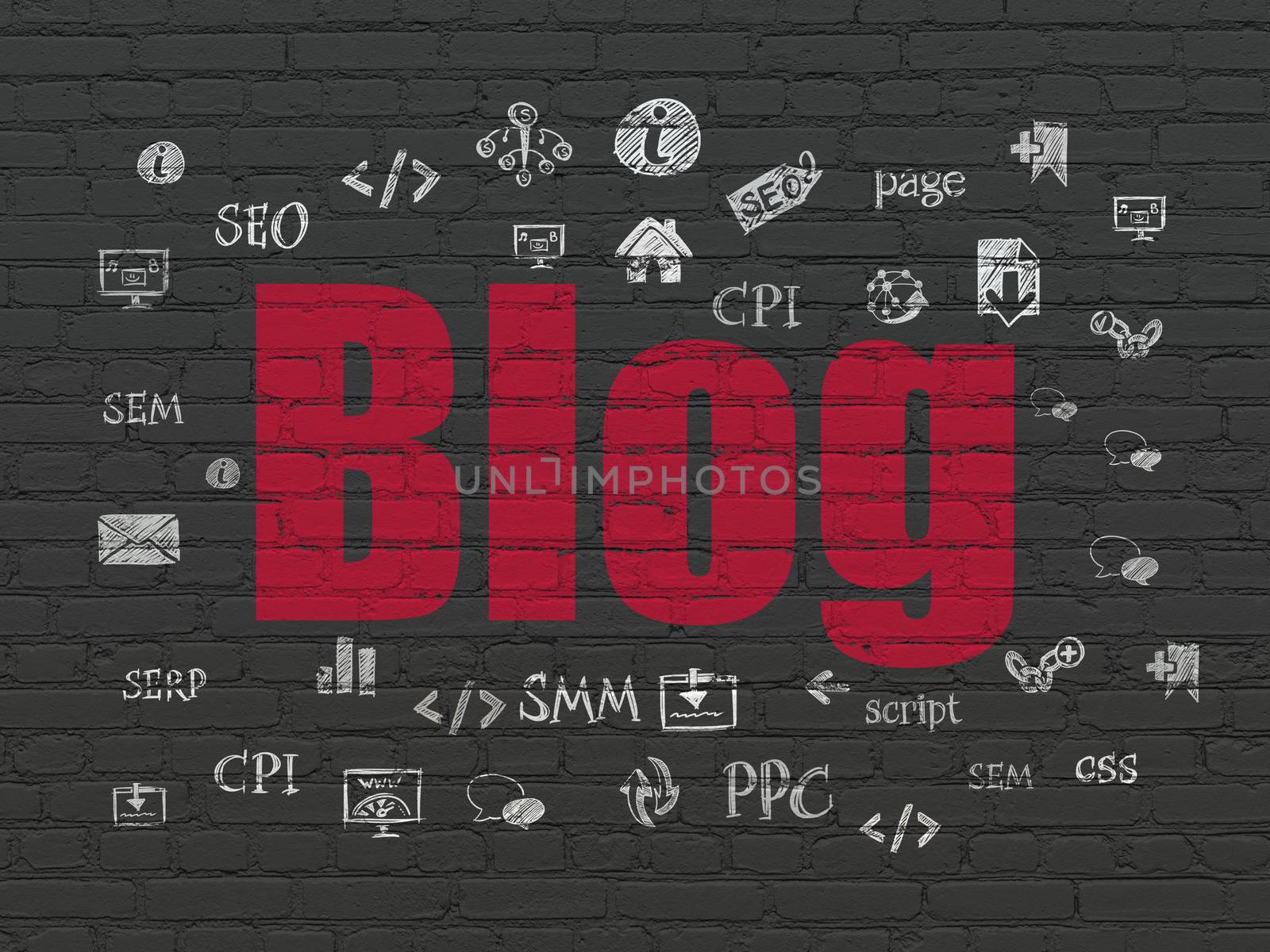 Web development concept: Painted red text Blog on Black Brick wall background with  Hand Drawn Site Development Icons