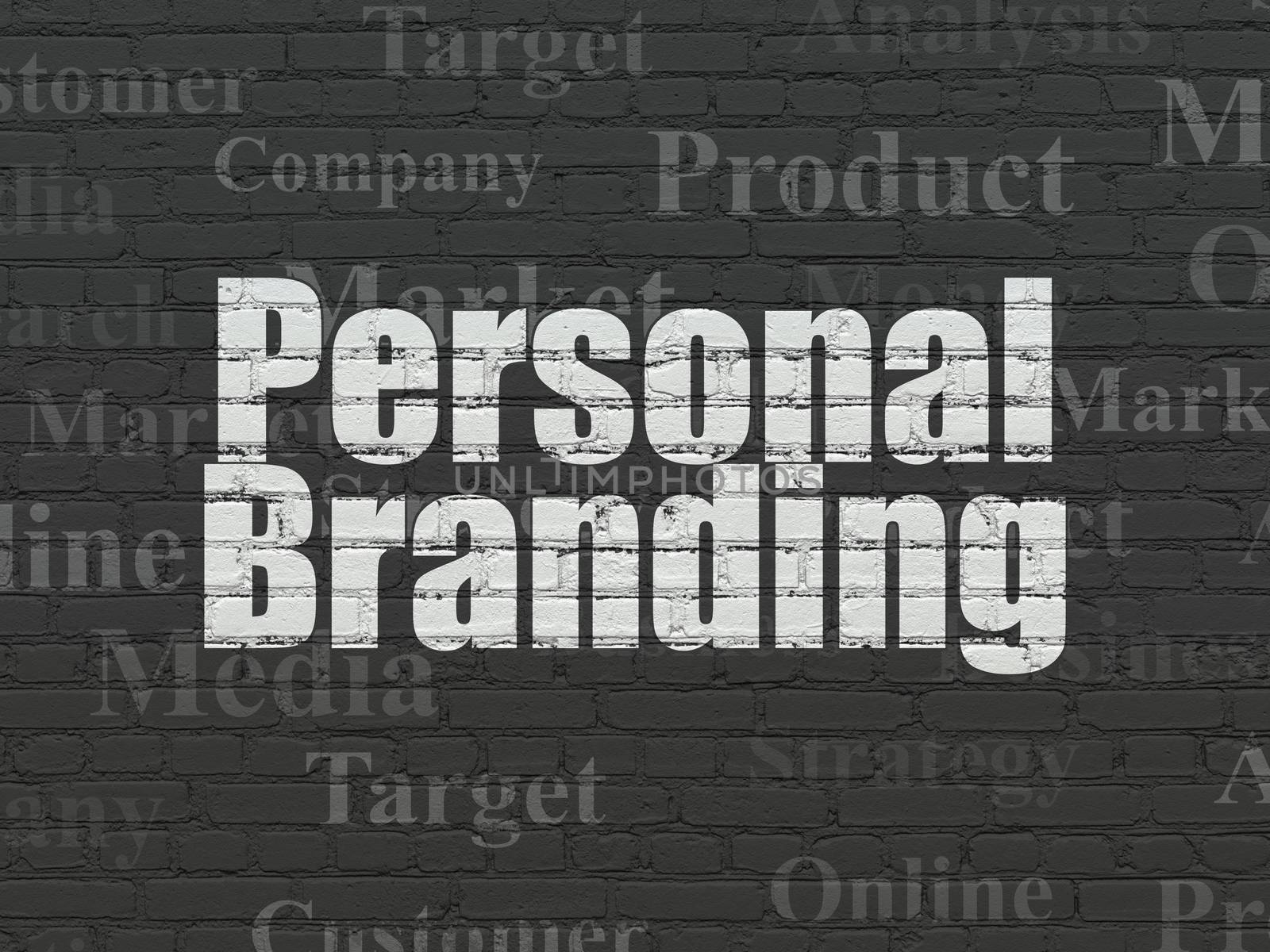 Advertising concept: Painted white text Personal Branding on Black Brick wall background with  Tag Cloud