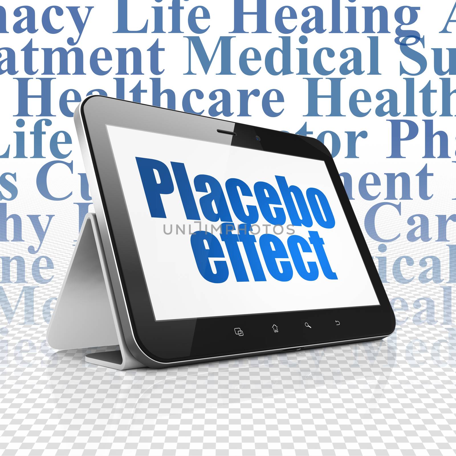 Healthcare concept: Tablet Computer with  blue text Placebo Effect on display,  Tag Cloud background