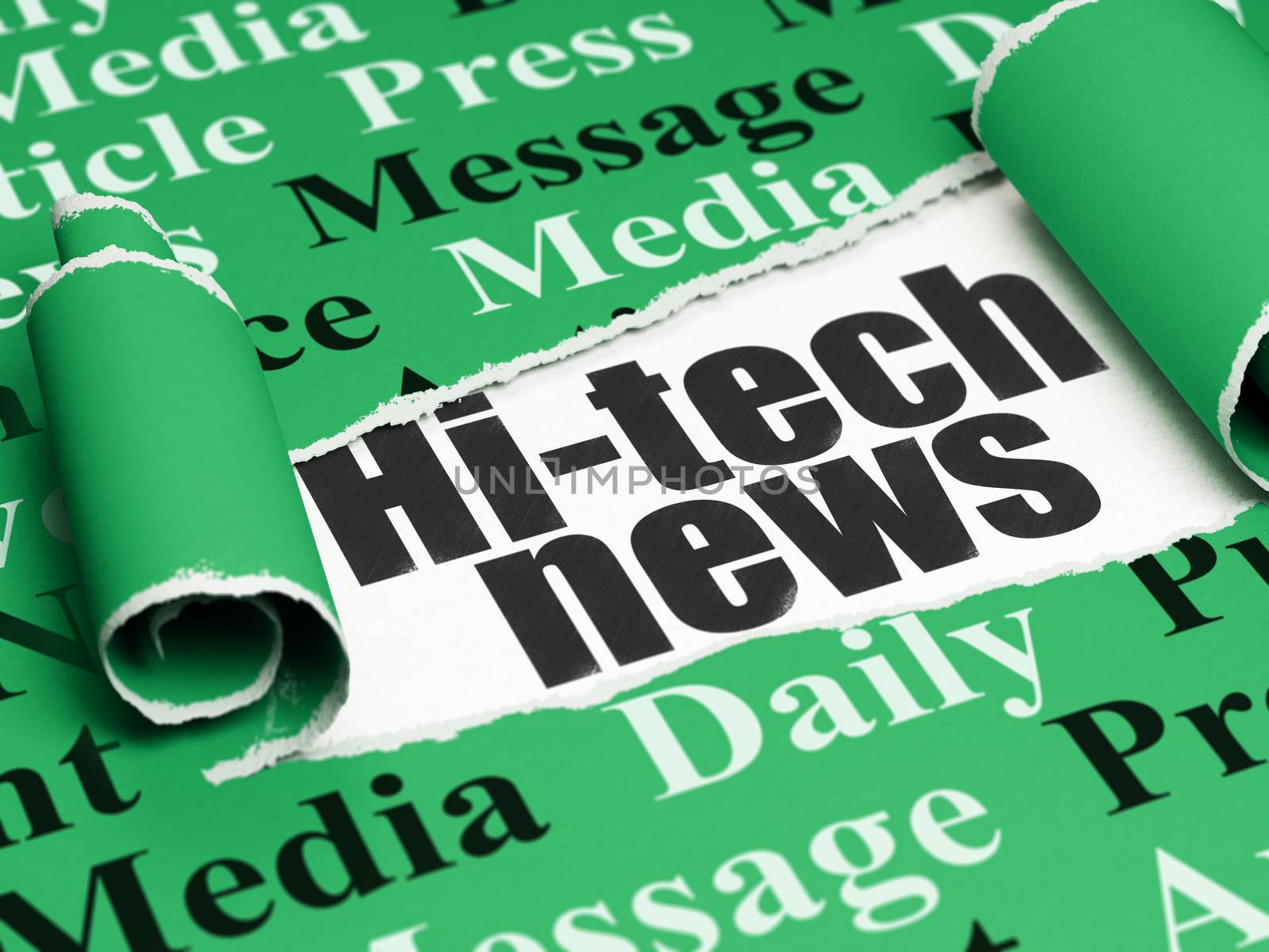 News concept: black text Hi-tech News under the curled piece of Green torn paper with  Tag Cloud