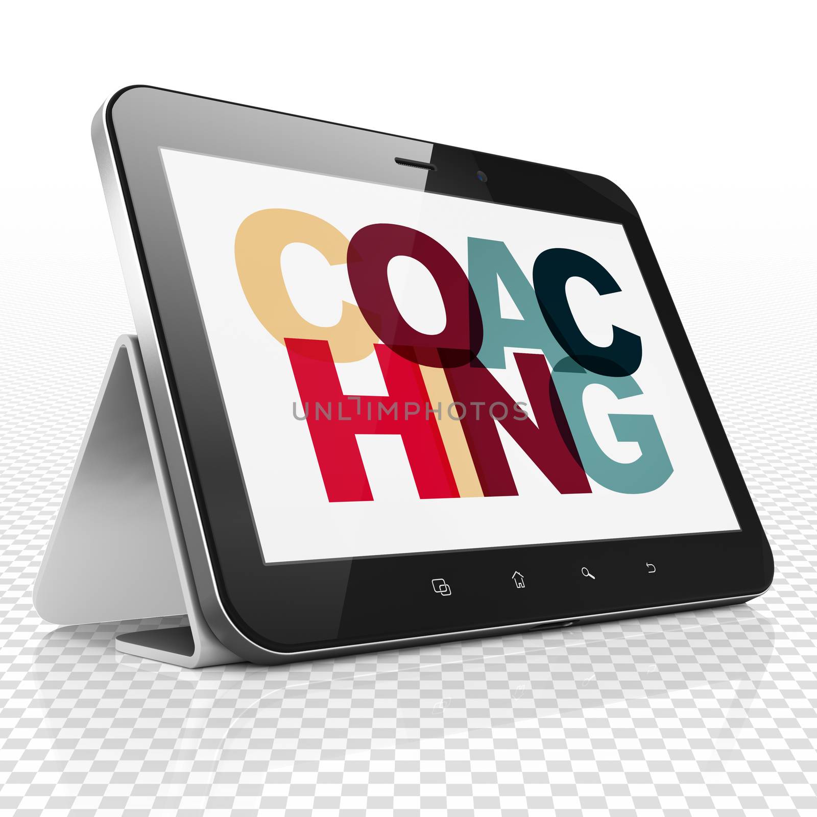 Education concept: Tablet Computer with Painted multicolor text Coaching on display