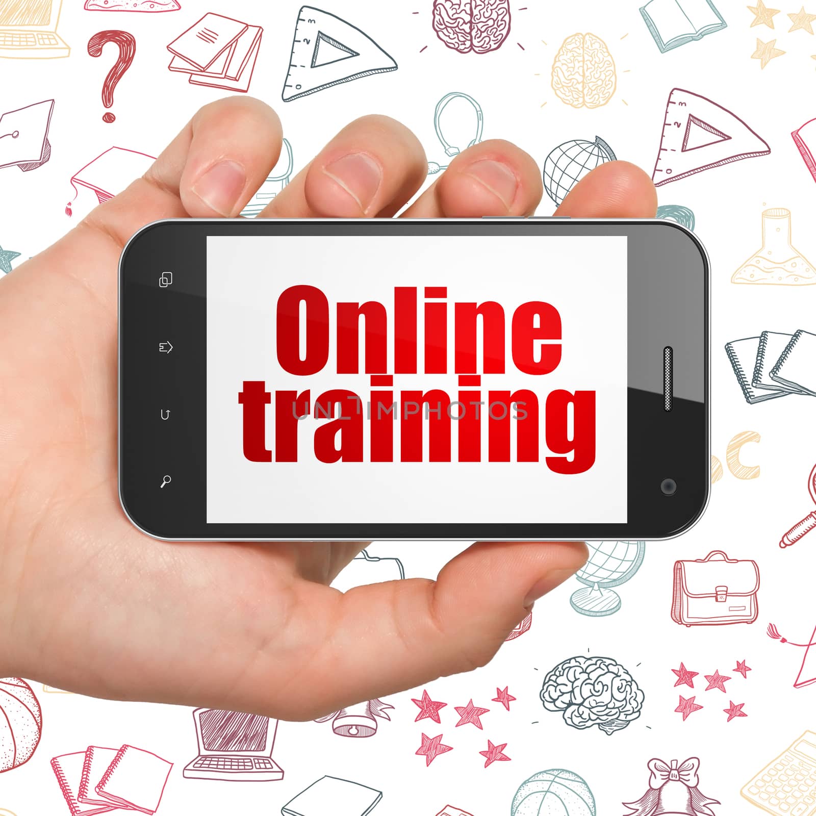 Learning concept: Hand Holding Smartphone with  red text Online Training on display,  Hand Drawn Education Icons background