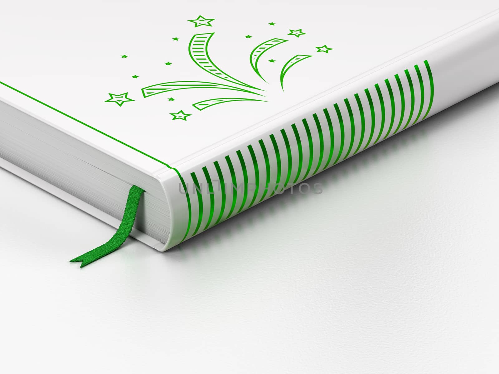 Holiday concept: closed book with Green Fireworks icon on floor, white background, 3d render