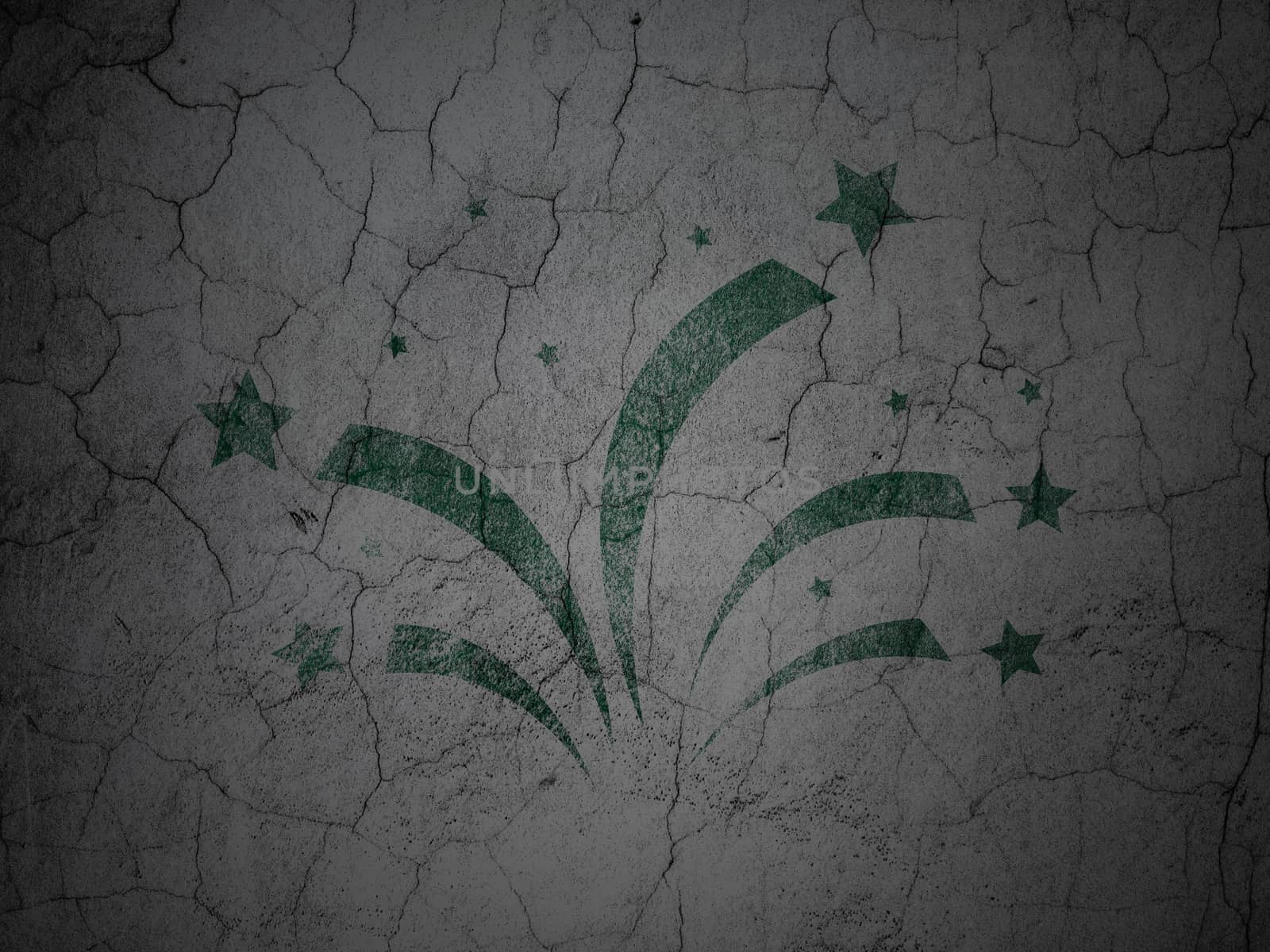 Holiday concept: Green Fireworks on grunge textured concrete wall background