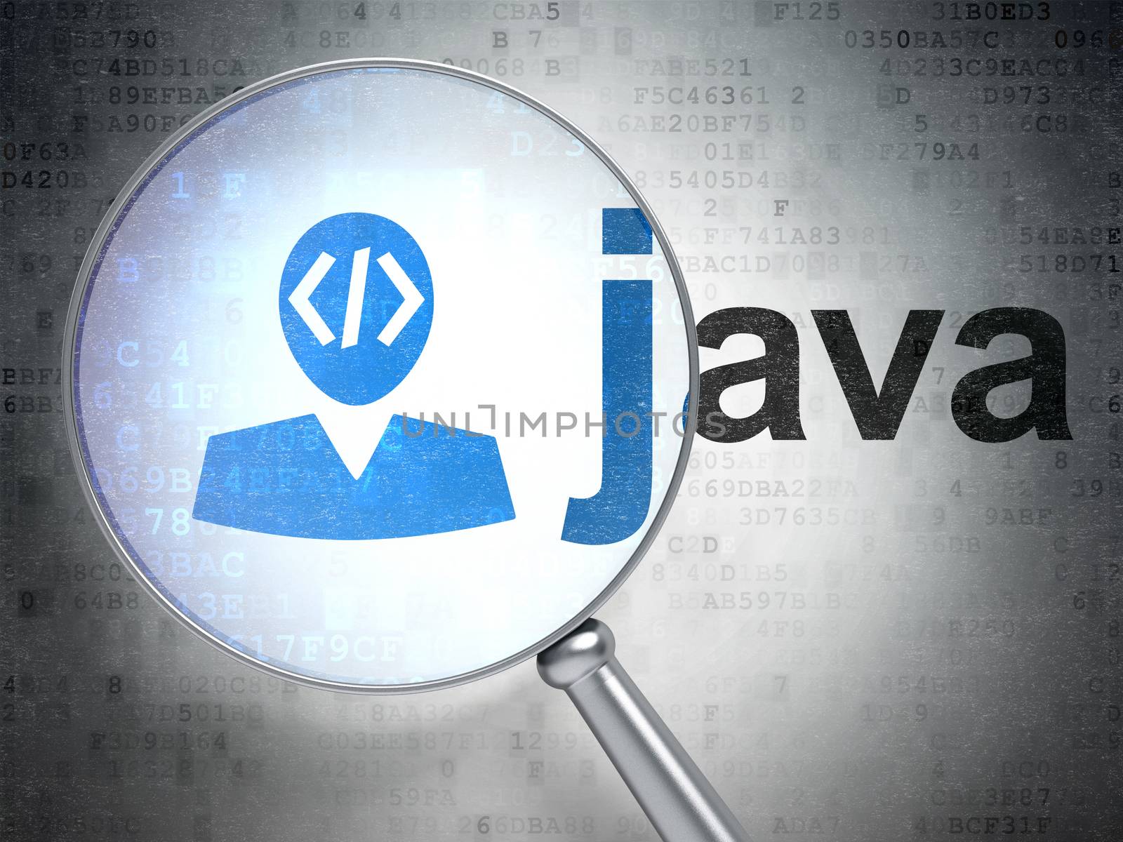 Programming concept: magnifying optical glass with Programmer icon and Java word on digital background