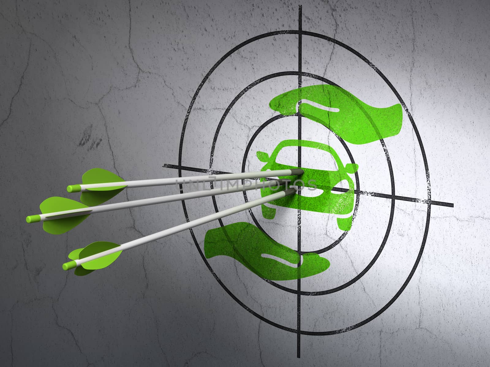 Success Insurance concept: arrows hitting the center of Green Car And Palm target on wall background