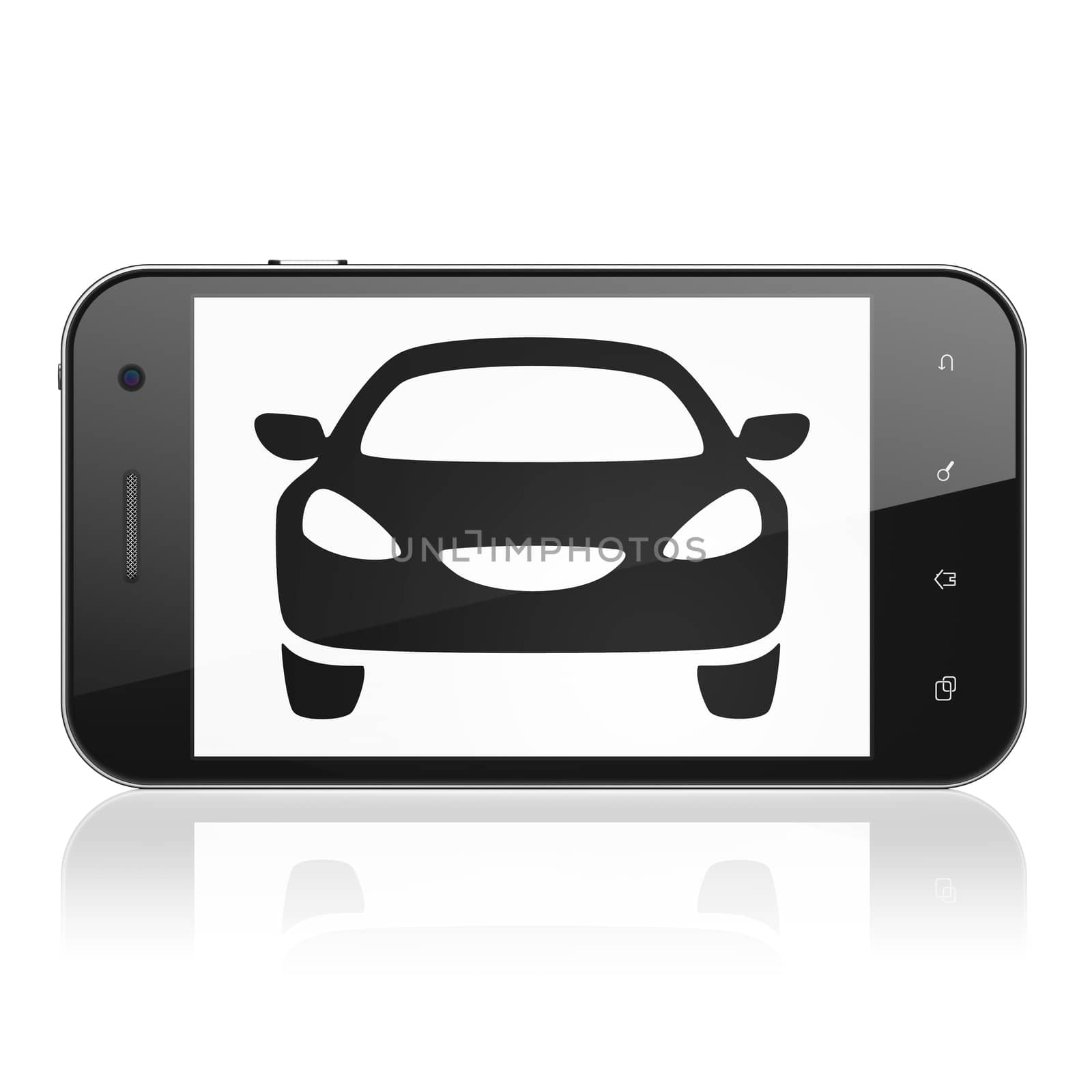 Tourism concept: Smartphone with  black Car icon on display,  Tag Cloud background