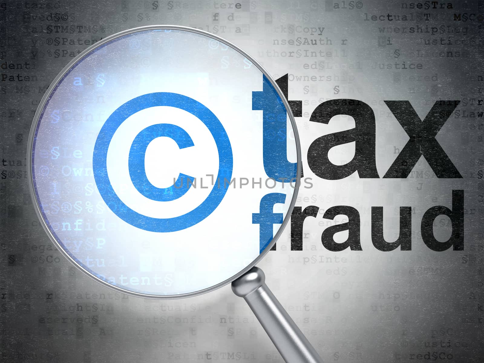 Law concept: magnifying optical glass with Copyright icon and Tax Fraud word on digital background