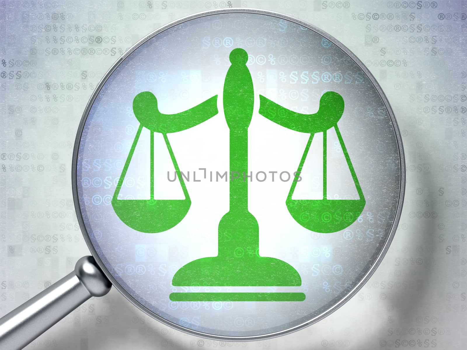 Law concept: magnifying optical glass with Scales icon on digital background