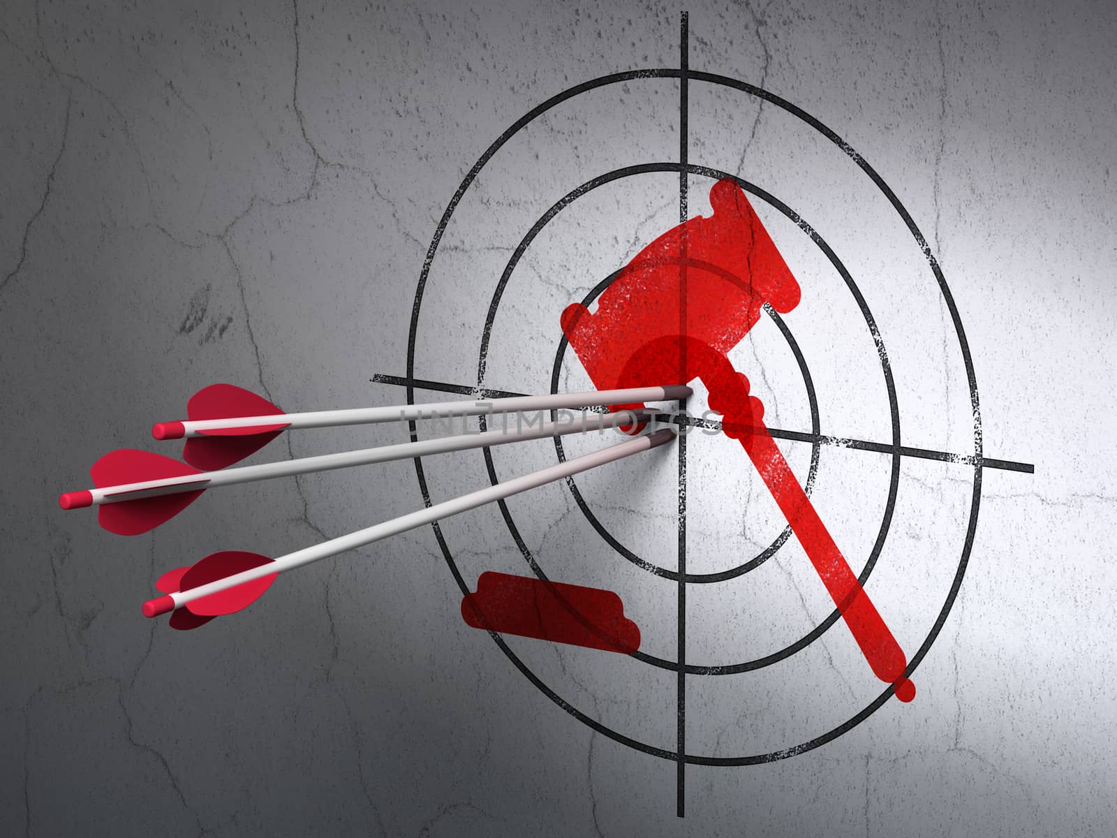 Success law concept: arrows hitting the center of Red Gavel target on wall background