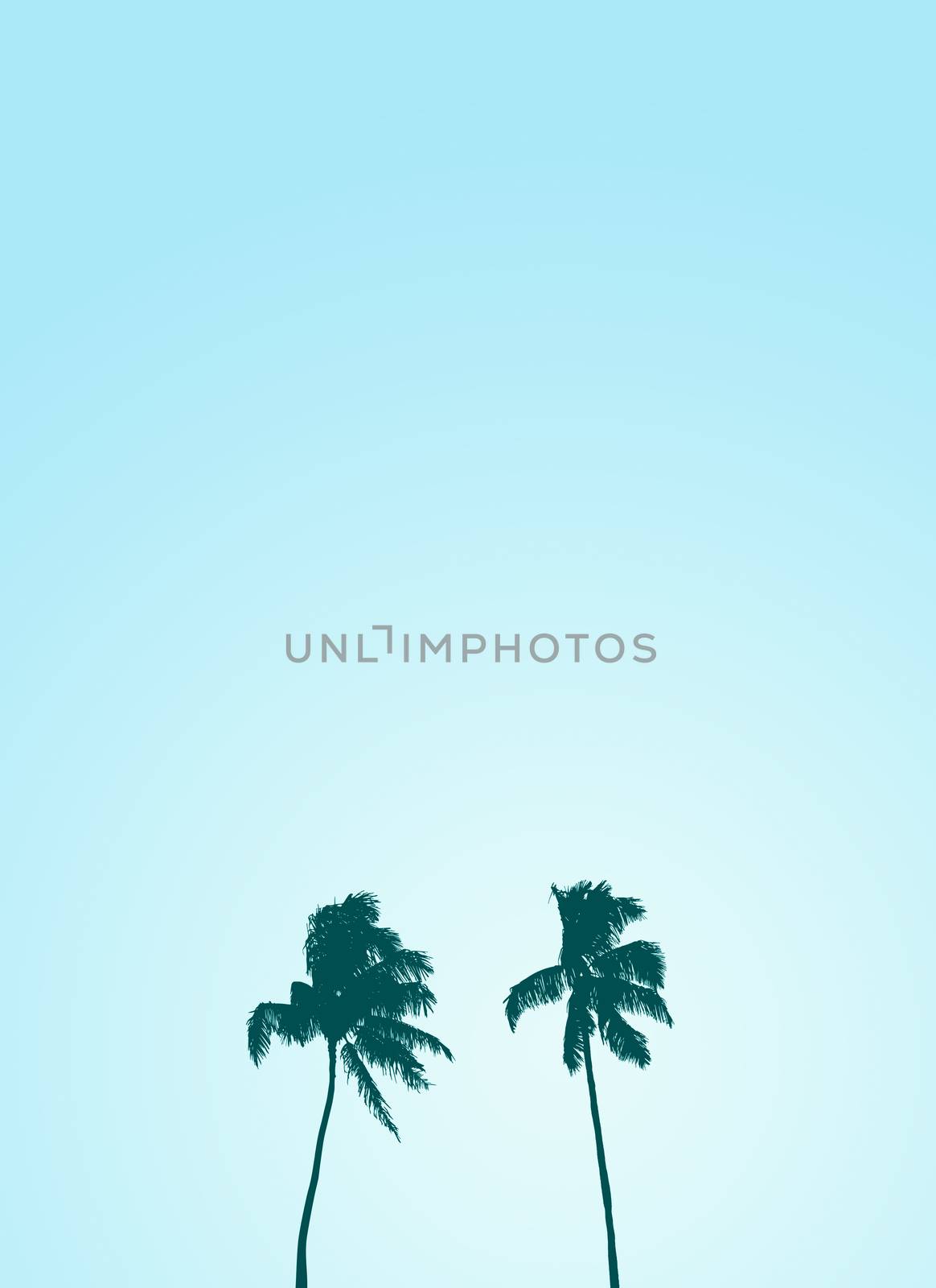 Retro Style Design Of Two Isolated Palm Trees Silhouettes Against A Pale Blue Sky With Copy Space