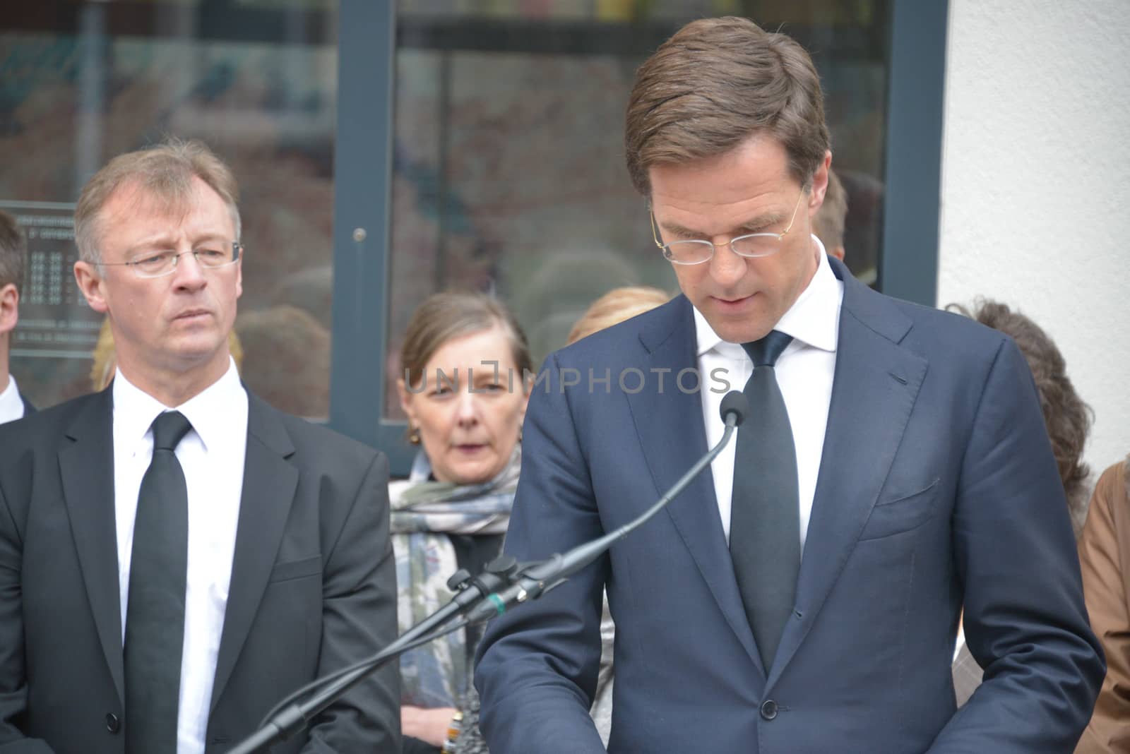 NETHERLANDS, The Hague: Dutch Prime Minister Mark Rutte speaks at a ceremony at the Belgium Embassy on March 23, 2016, for the victims of the terror attacks in Brussels.Mourners laid flowers a day after bombings at a subway station and airport left 30 people dead and hundreds wounded in neighboring Belgium. 