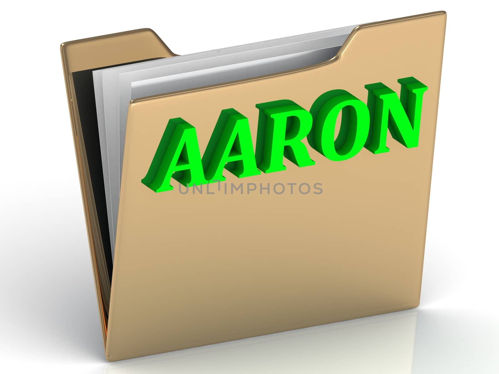 AARON- bright green letters on gold paperwork folder on a white background