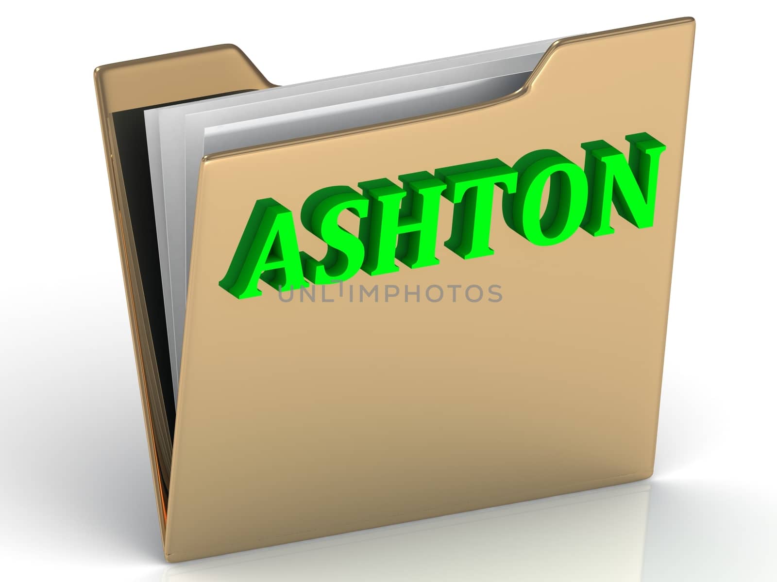 ASHTON- bright green letters on gold paperwork folder on a white background