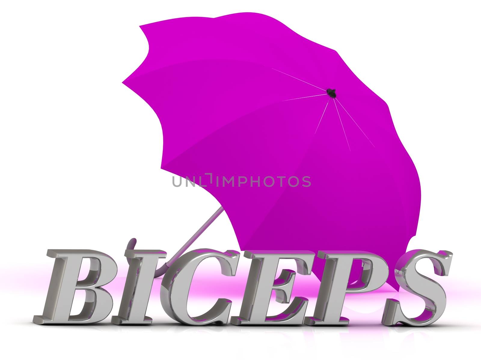 BICEPS- inscription of silver letters and umbrella on white background