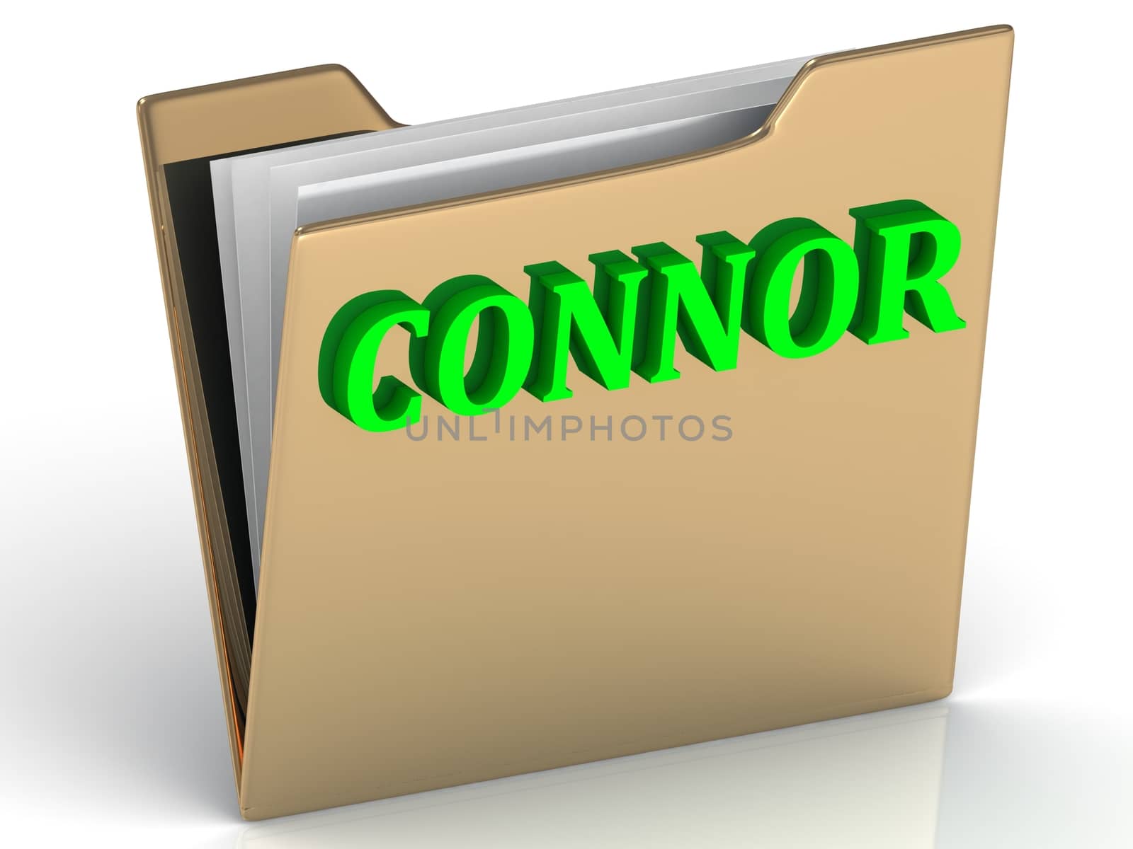 CONNOR- bright green letters on gold paperwork folder on a white background