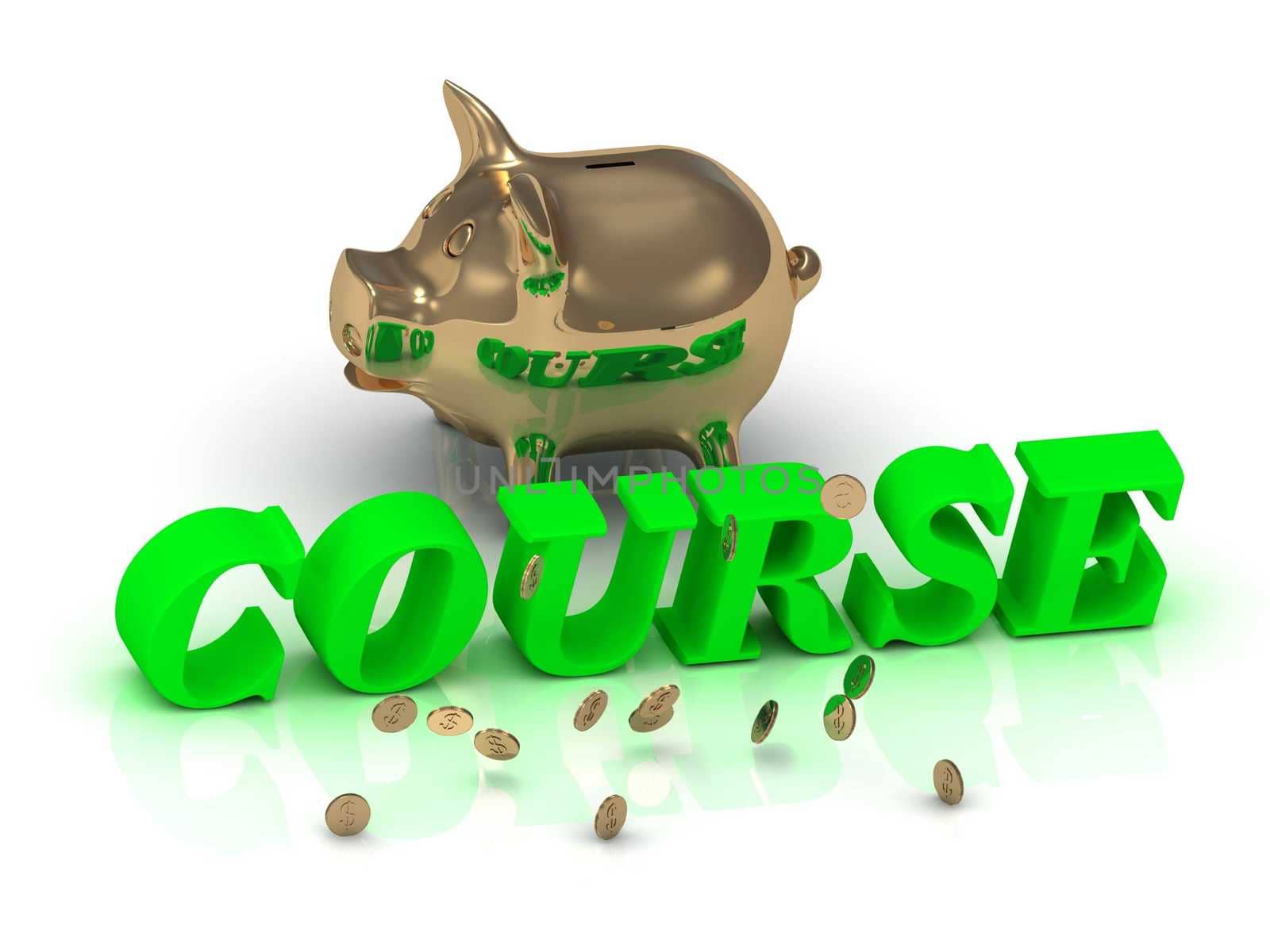 COURSE- inscription of green letters and gold Piggy on white background