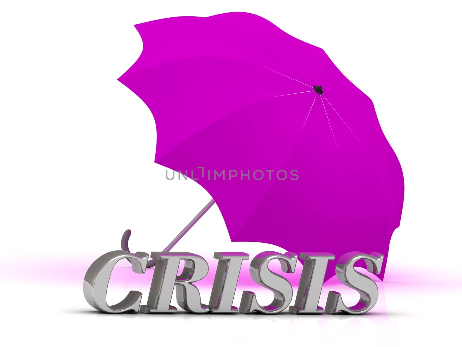 CRISIS- inscription of silver letters and umbrella on white background